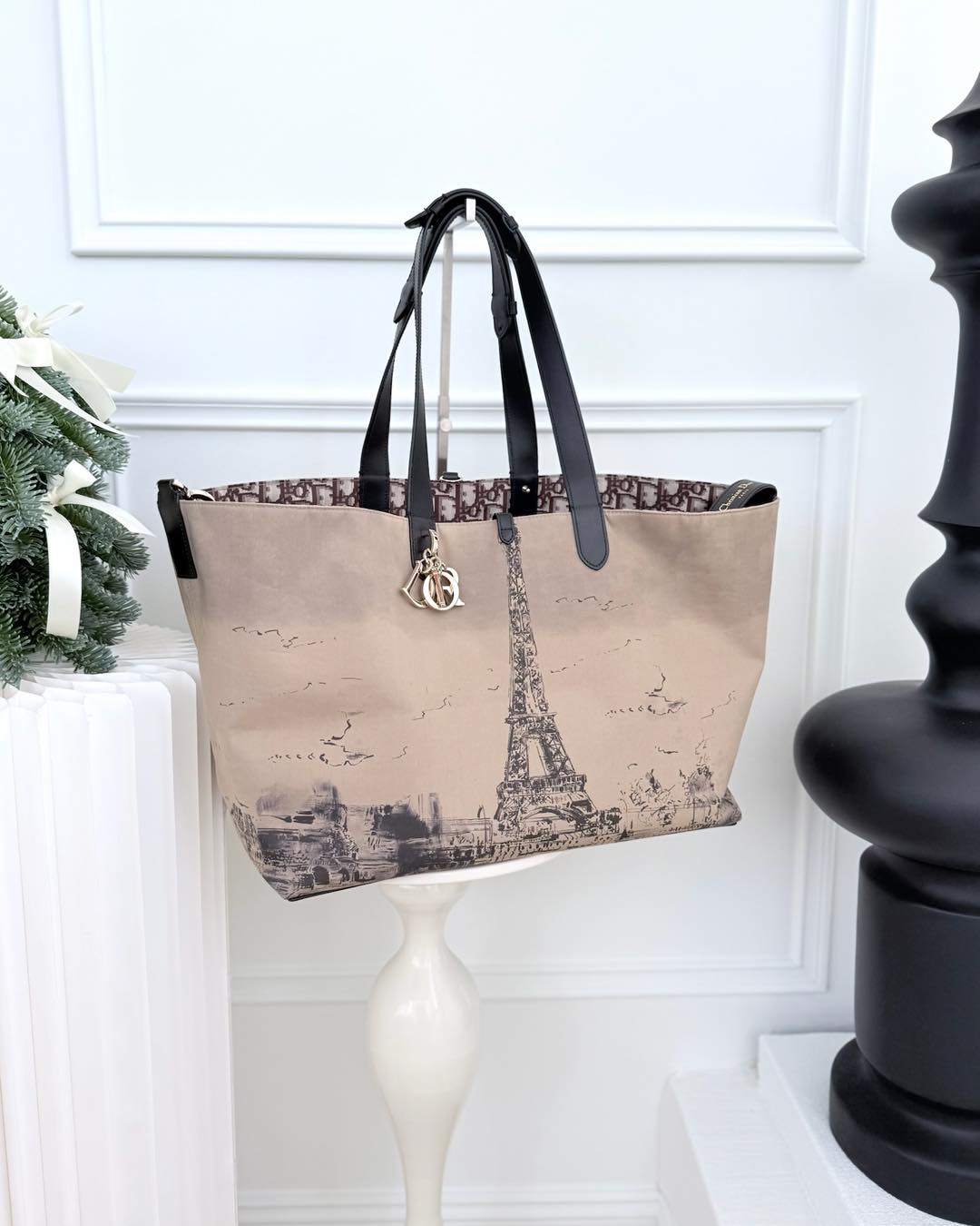 Dior Large Toujours Bag Beige And Black Water-Repellent Fabric With Paris Print