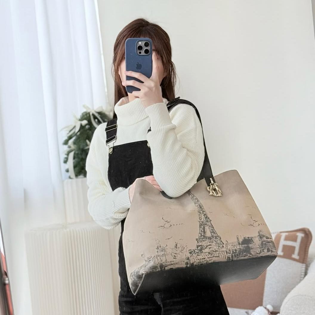 Dior Large Toujours Bag Beige And Black Water-Repellent Fabric With Paris Print