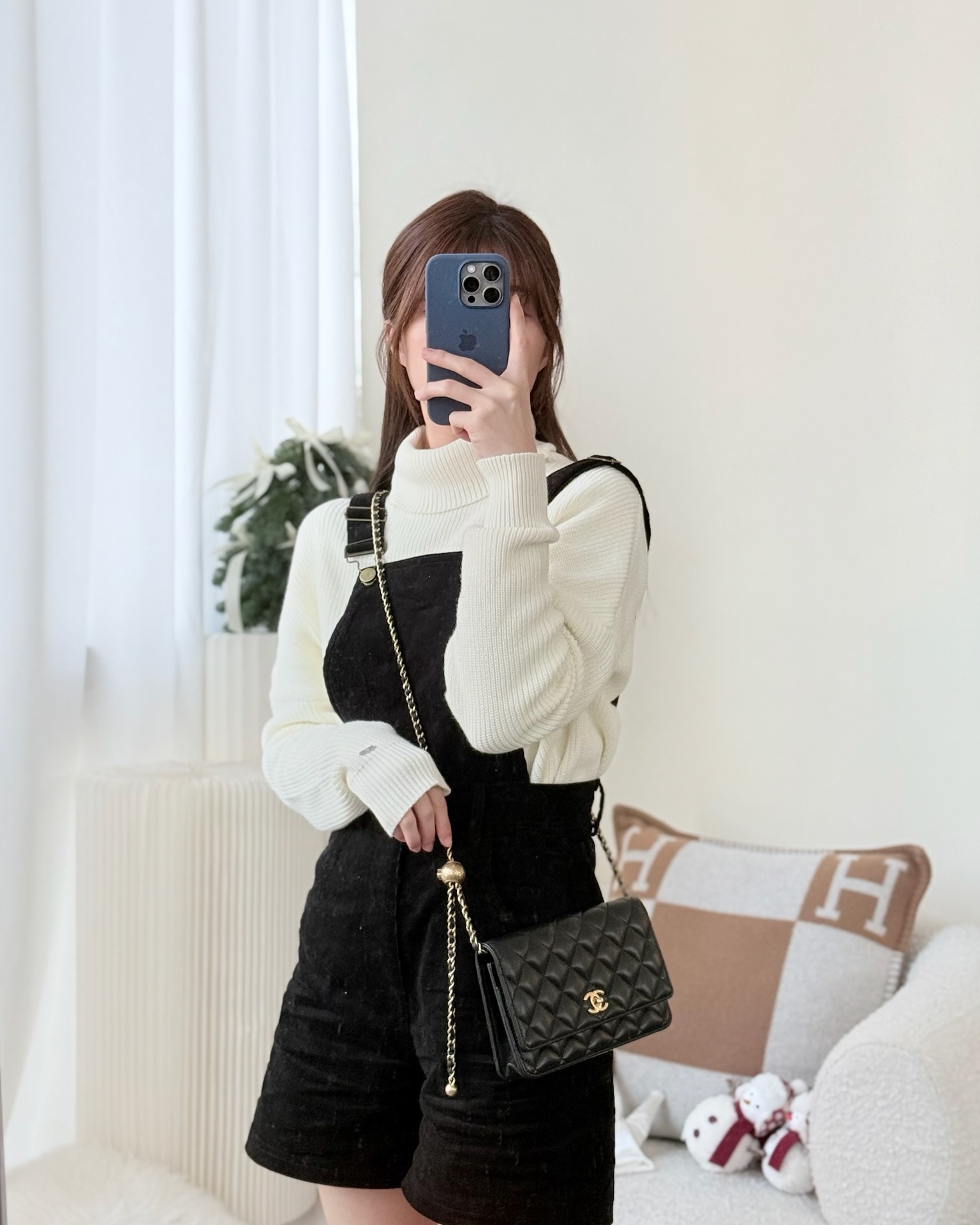 Chanel Quilted Pearl Crush Wallet on Chain WOC Black Lambskin Aged