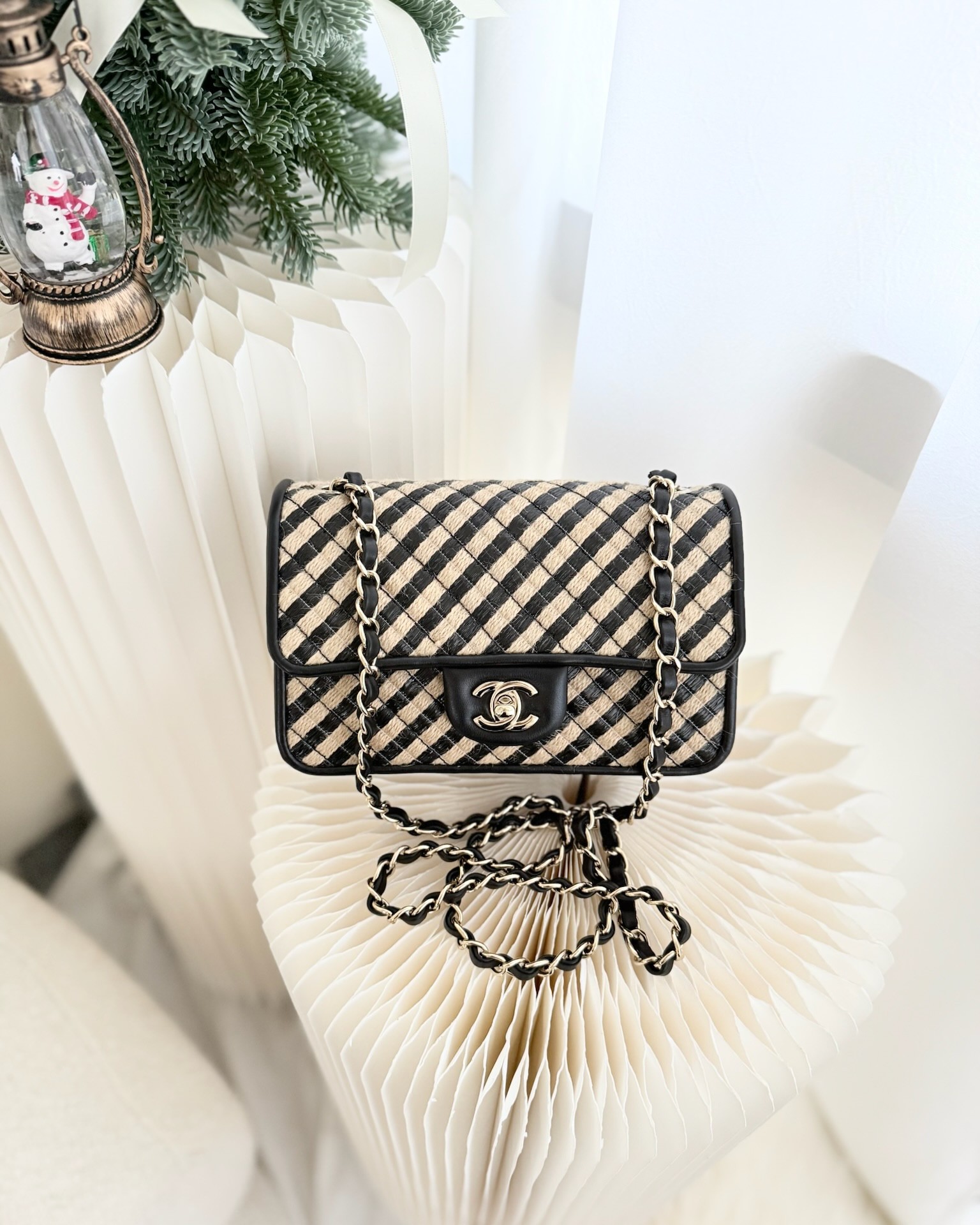 Chanel Quilted Mini Rectangular Flap Raffia Jute Thread Black & Beige