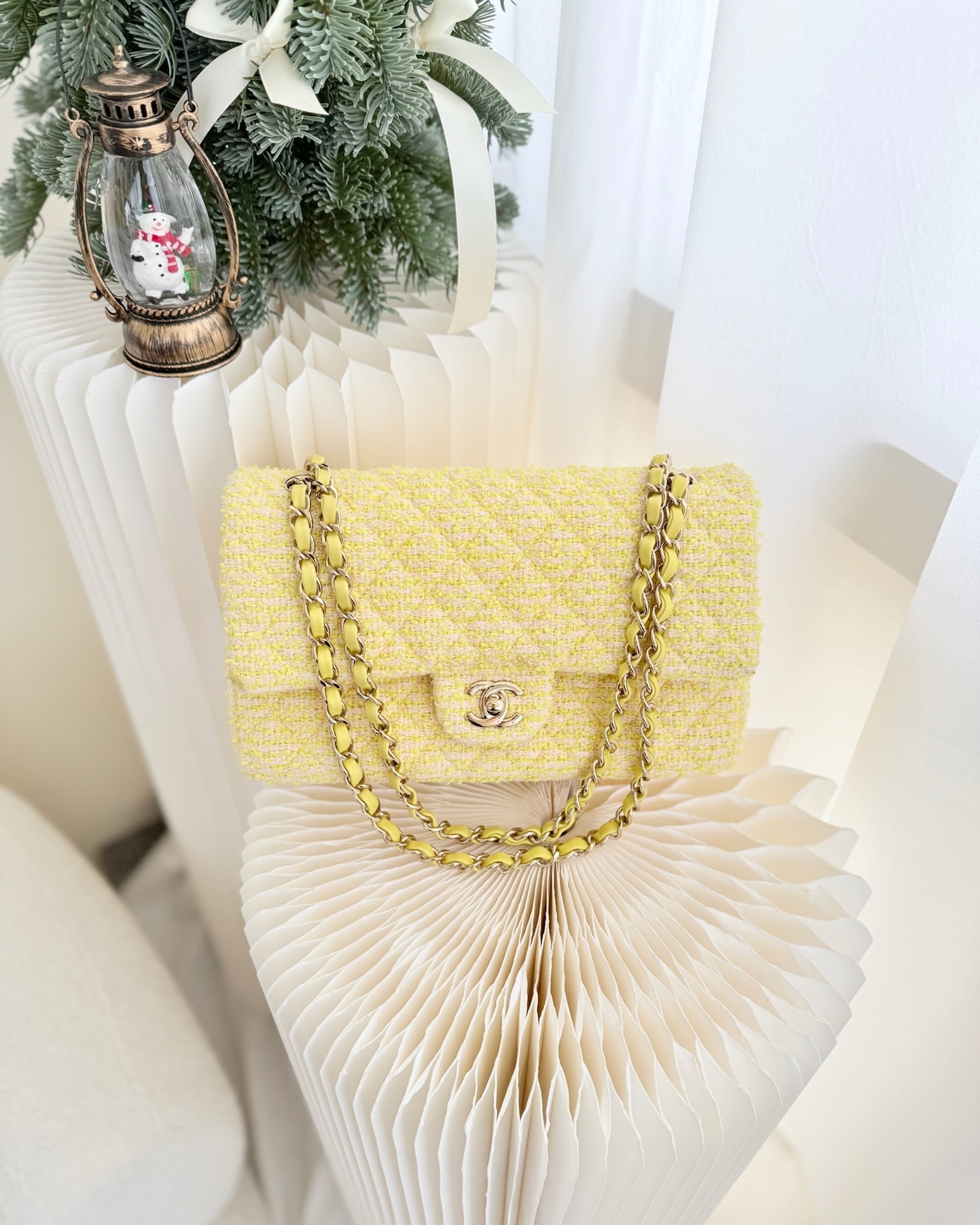 Chanel Classic M/L Medium Flap Quilted Yellow Tweed