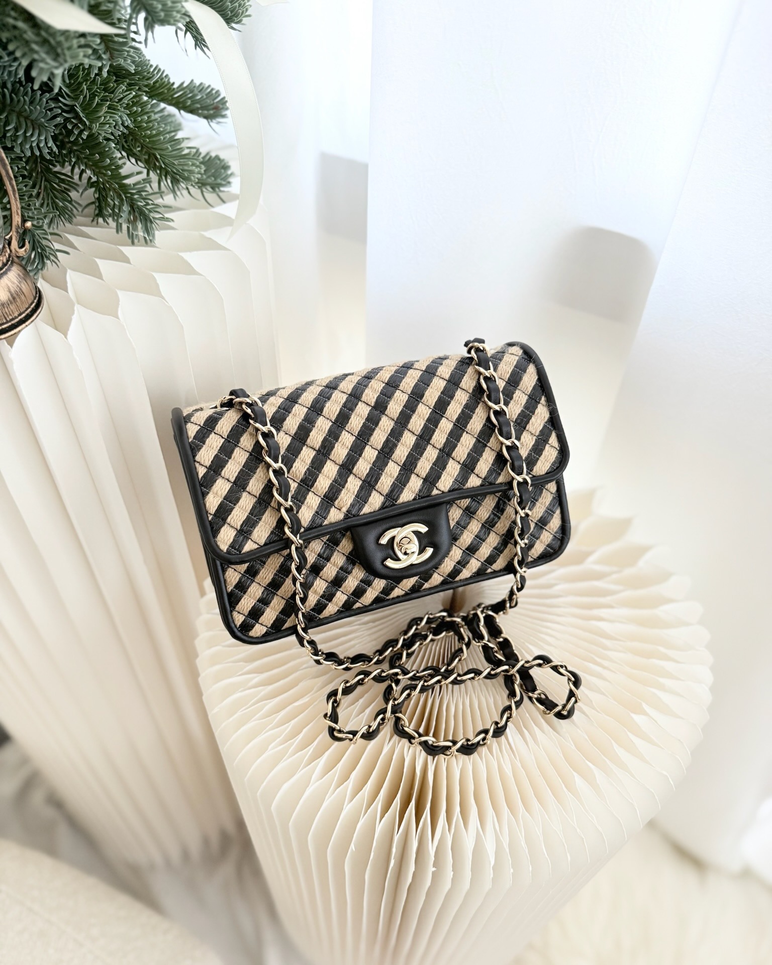 Chanel Quilted Mini Rectangular Flap Raffia Jute Thread Black & Beige