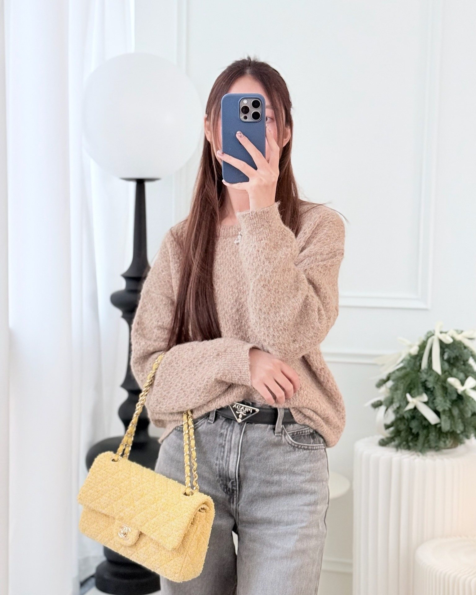 Chanel Classic M/L Medium Flap Quilted Yellow Tweed