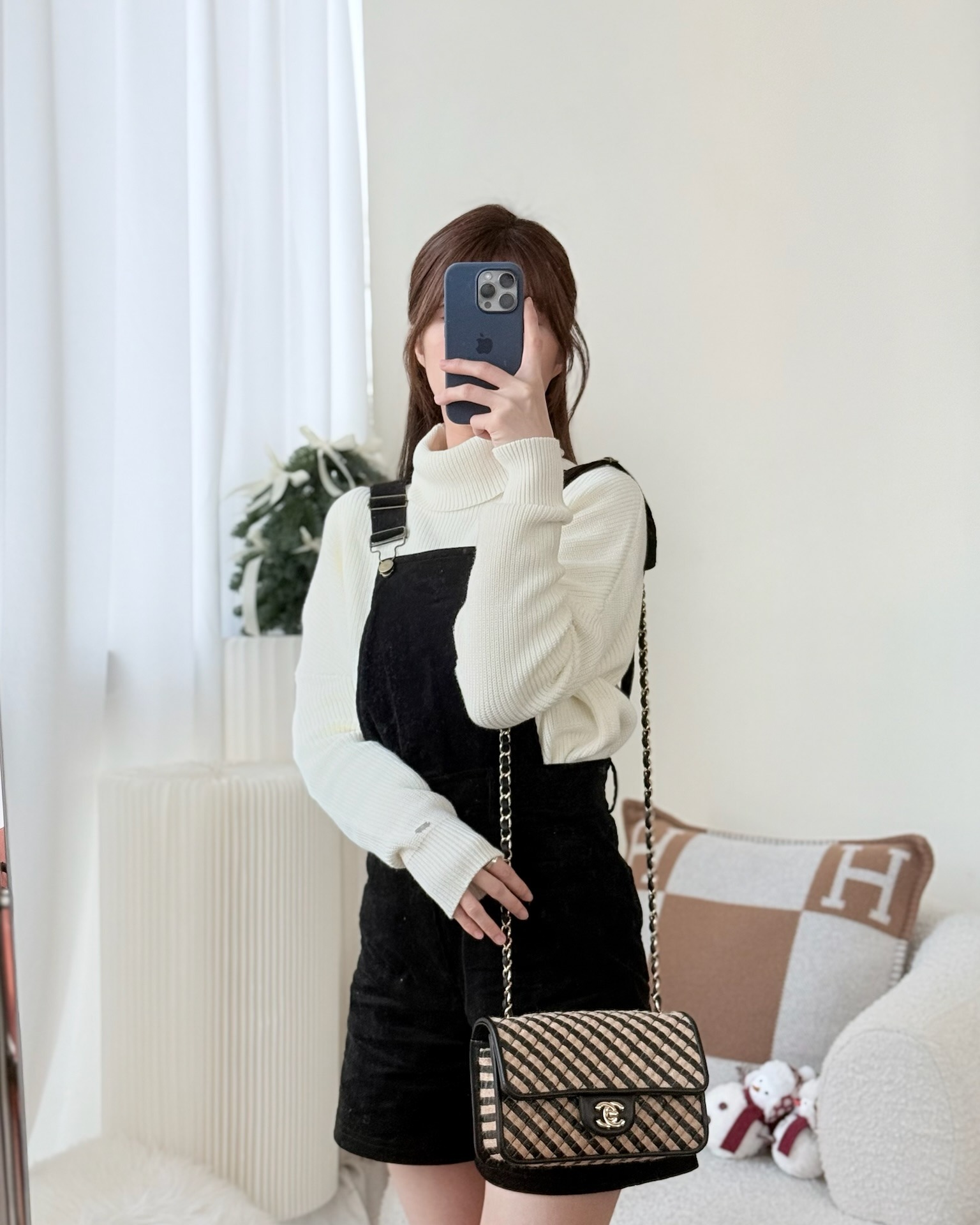 Chanel Quilted Mini Rectangular Flap Raffia Jute Thread Black & Beige