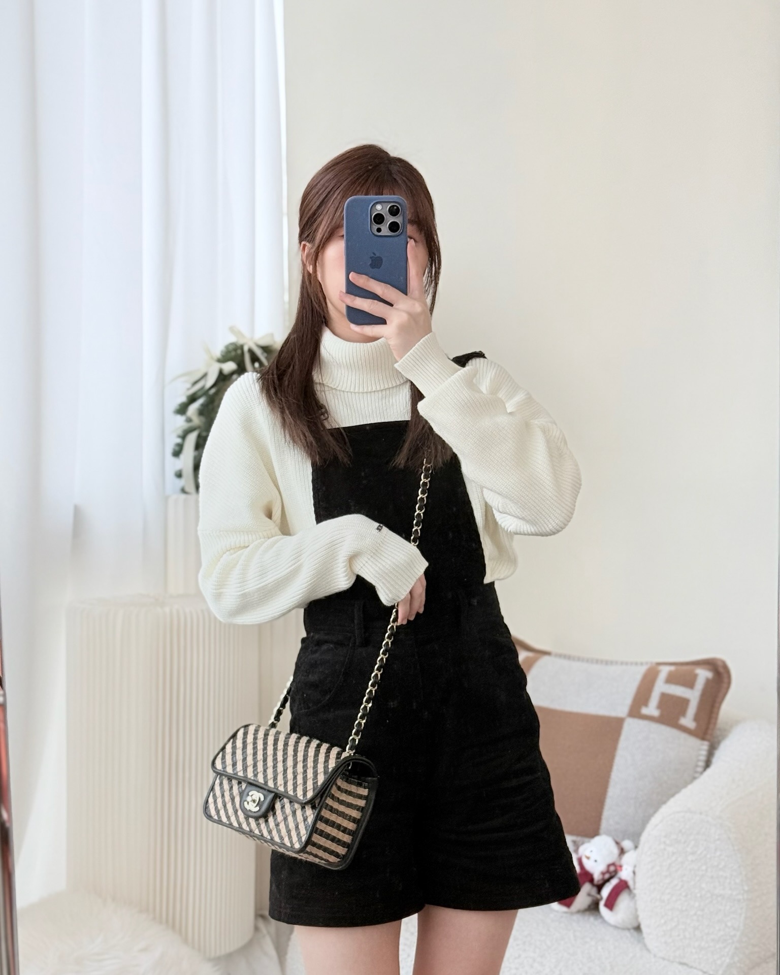 Chanel Quilted Mini Rectangular Flap Raffia Jute Thread Black & Beige