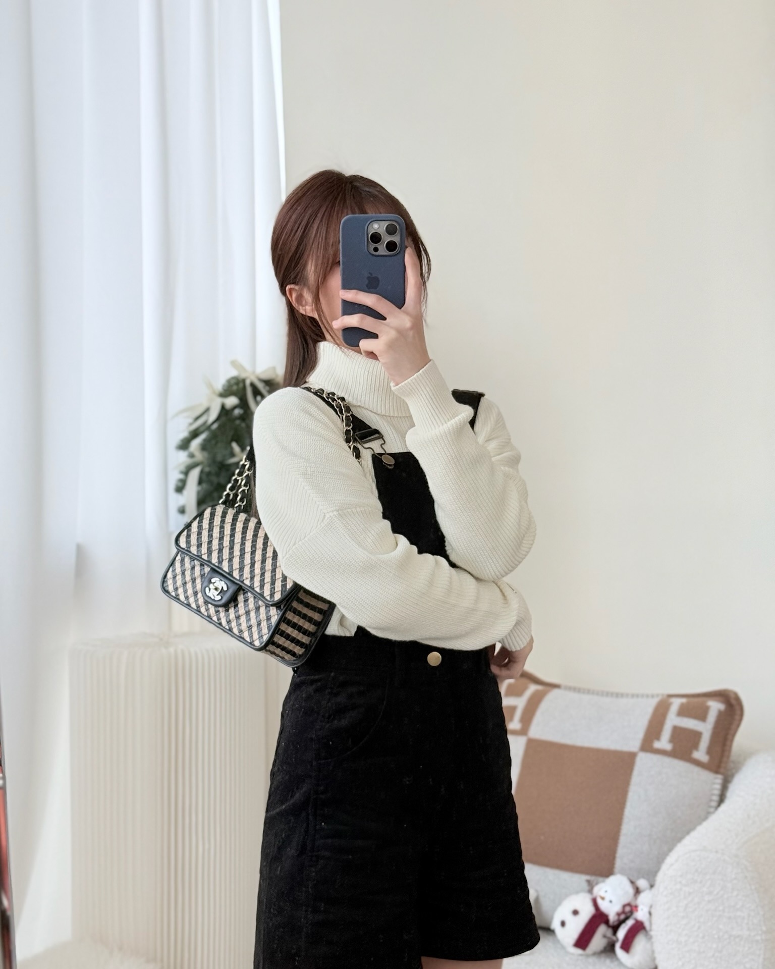 Chanel Quilted Mini Rectangular Flap Raffia Jute Thread Black & Beige