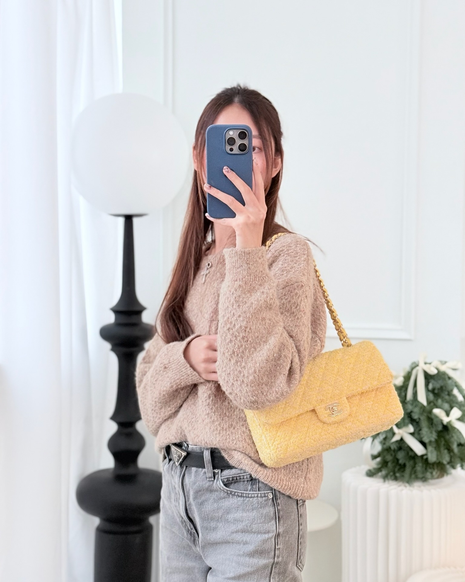 Chanel Classic M/L Medium Flap Quilted Yellow Tweed