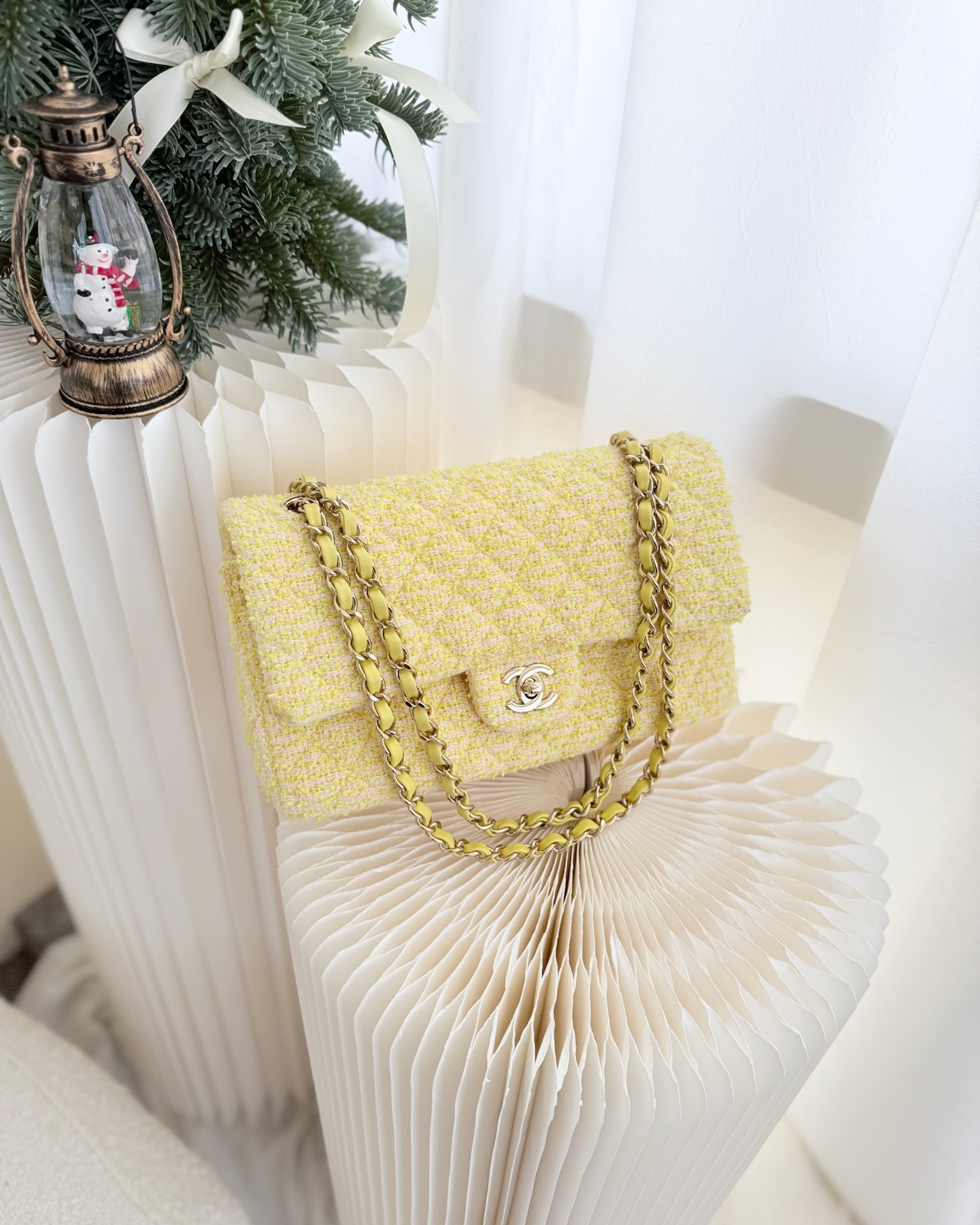 Chanel Classic M/L Medium Flap Quilted Yellow Tweed