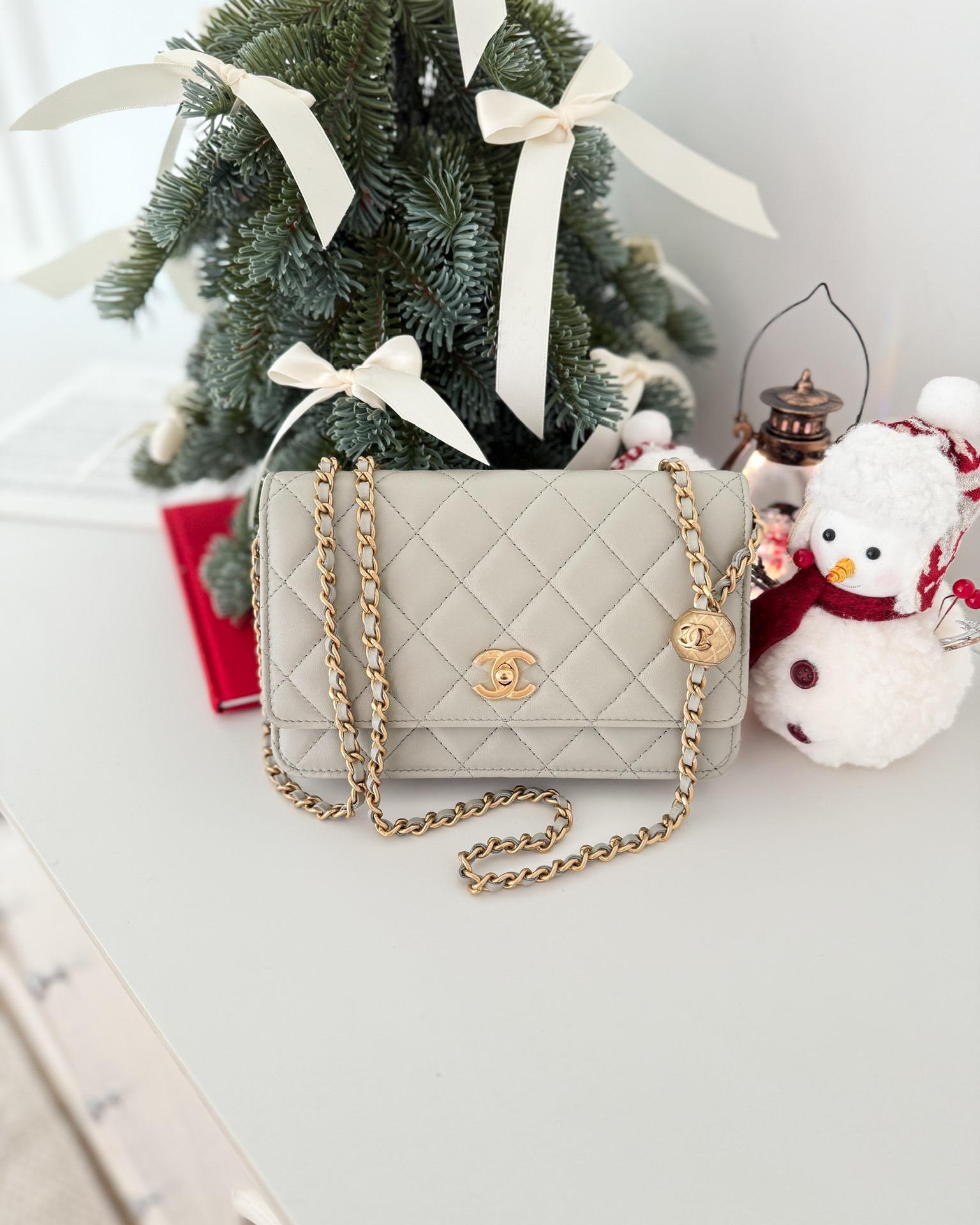 Chanel Quilted Pearl Crush Wallet on Chain WOC Grey Lambskin Aged