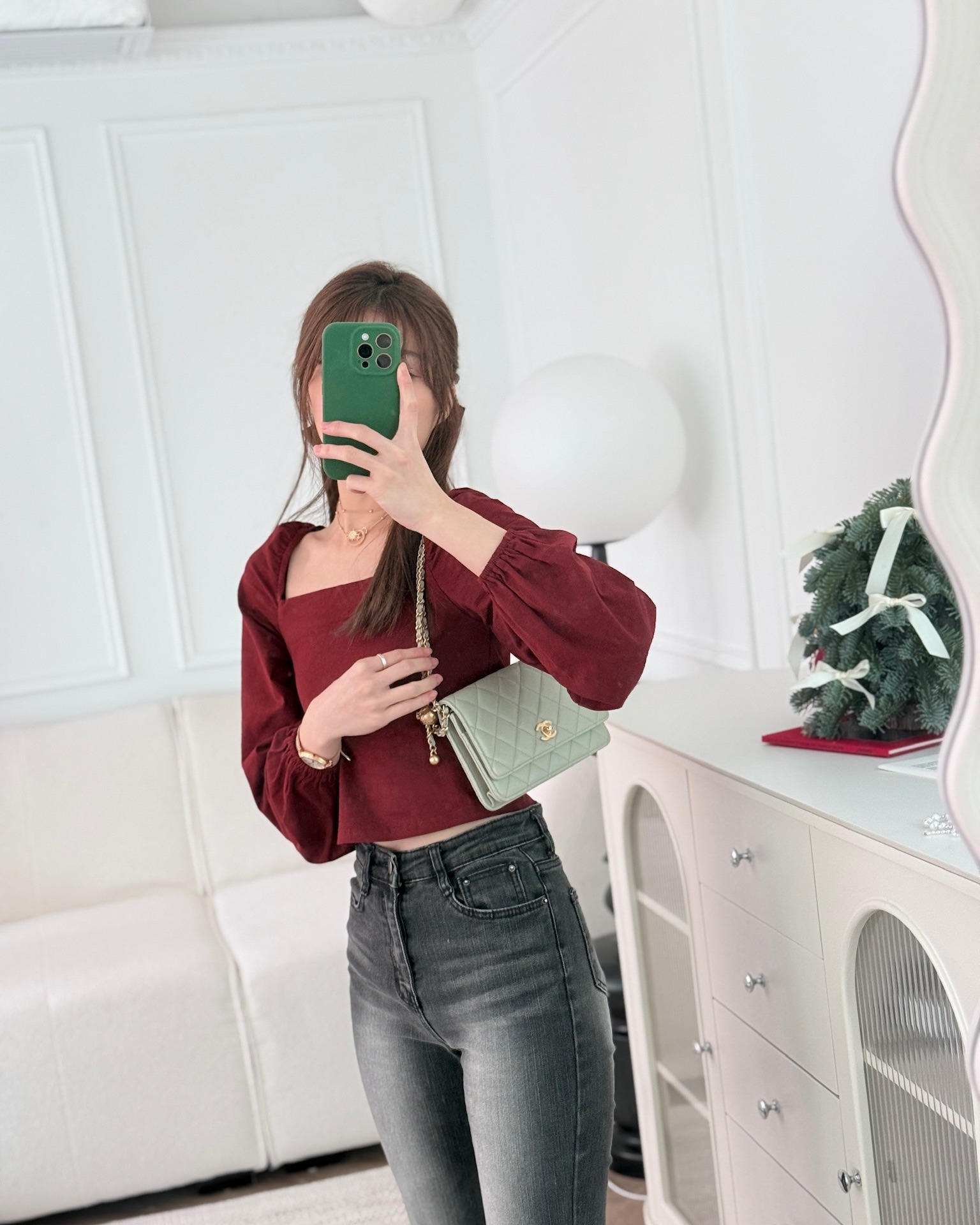 Chanel Quilted Pearl Crush Wallet on Chain WOC Grey Lambskin Aged