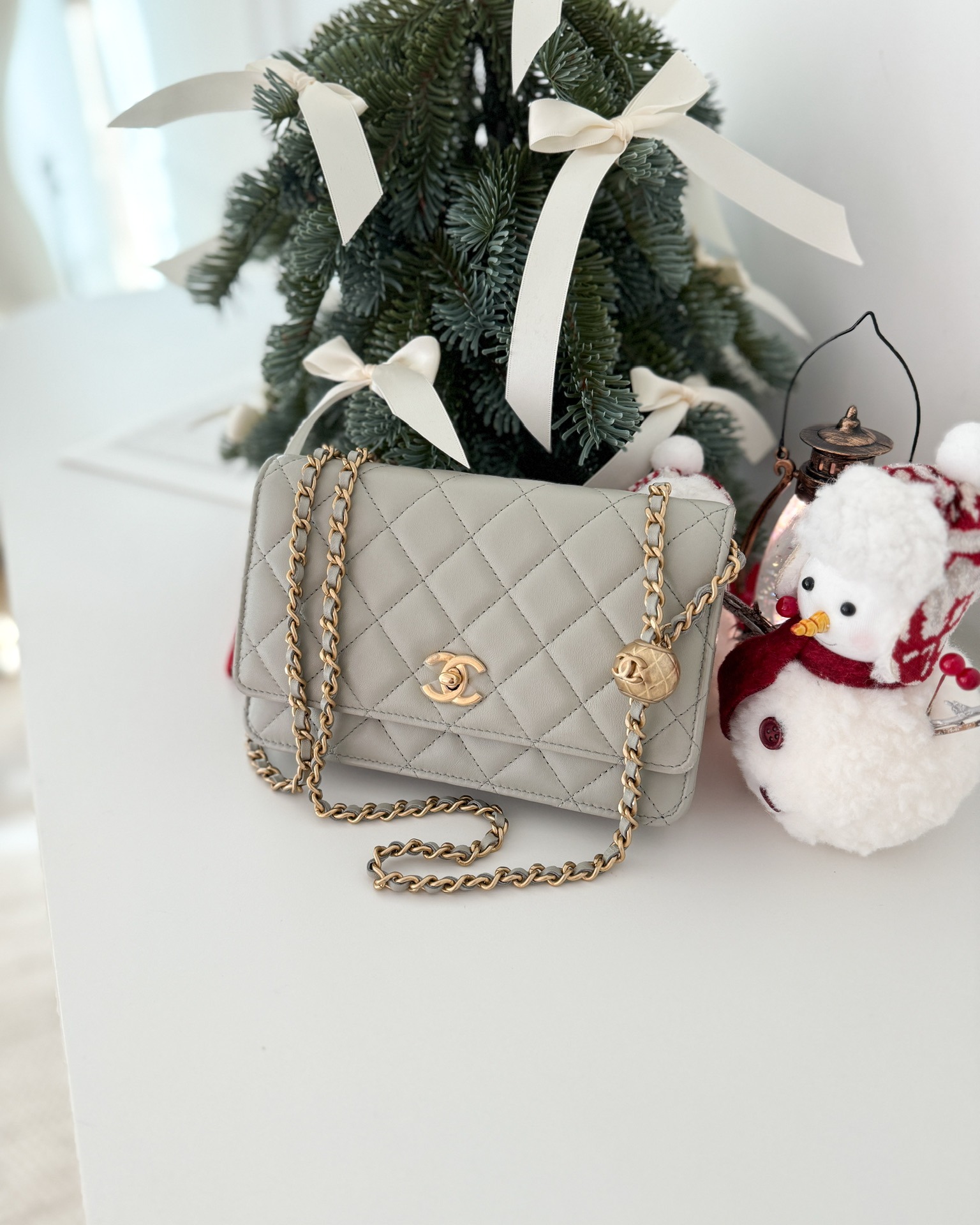 Chanel Quilted Pearl Crush Wallet on Chain WOC Grey Lambskin Aged