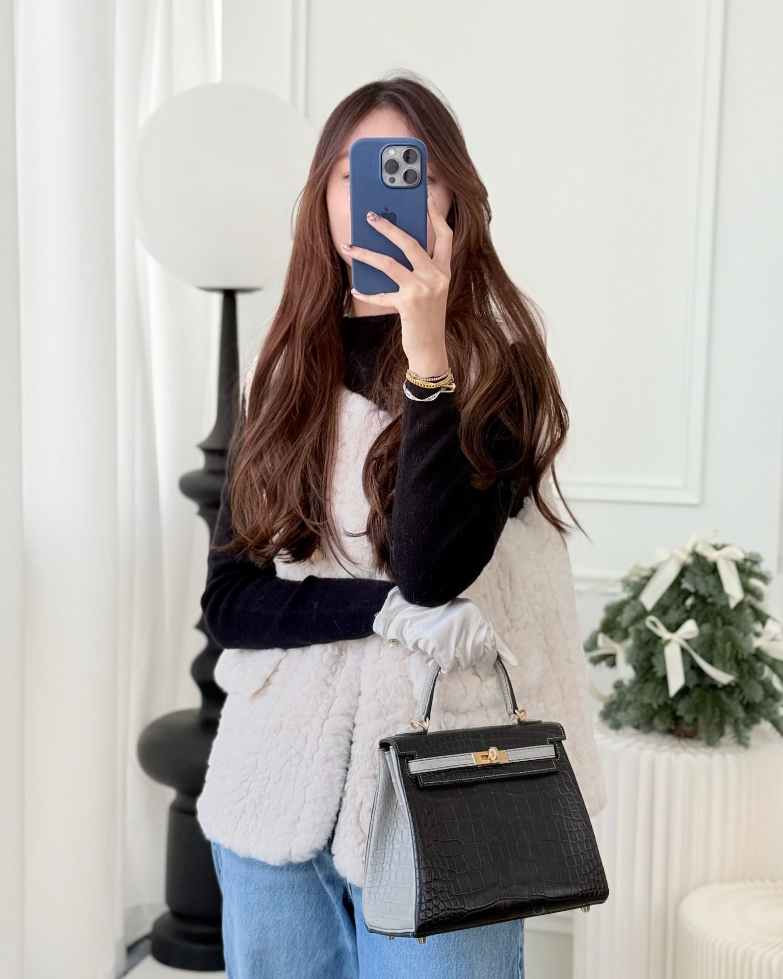 Hermès Retourne Kelly 25 Alligator Perso Noir 89 / Gris Mouette 4Z Brushed