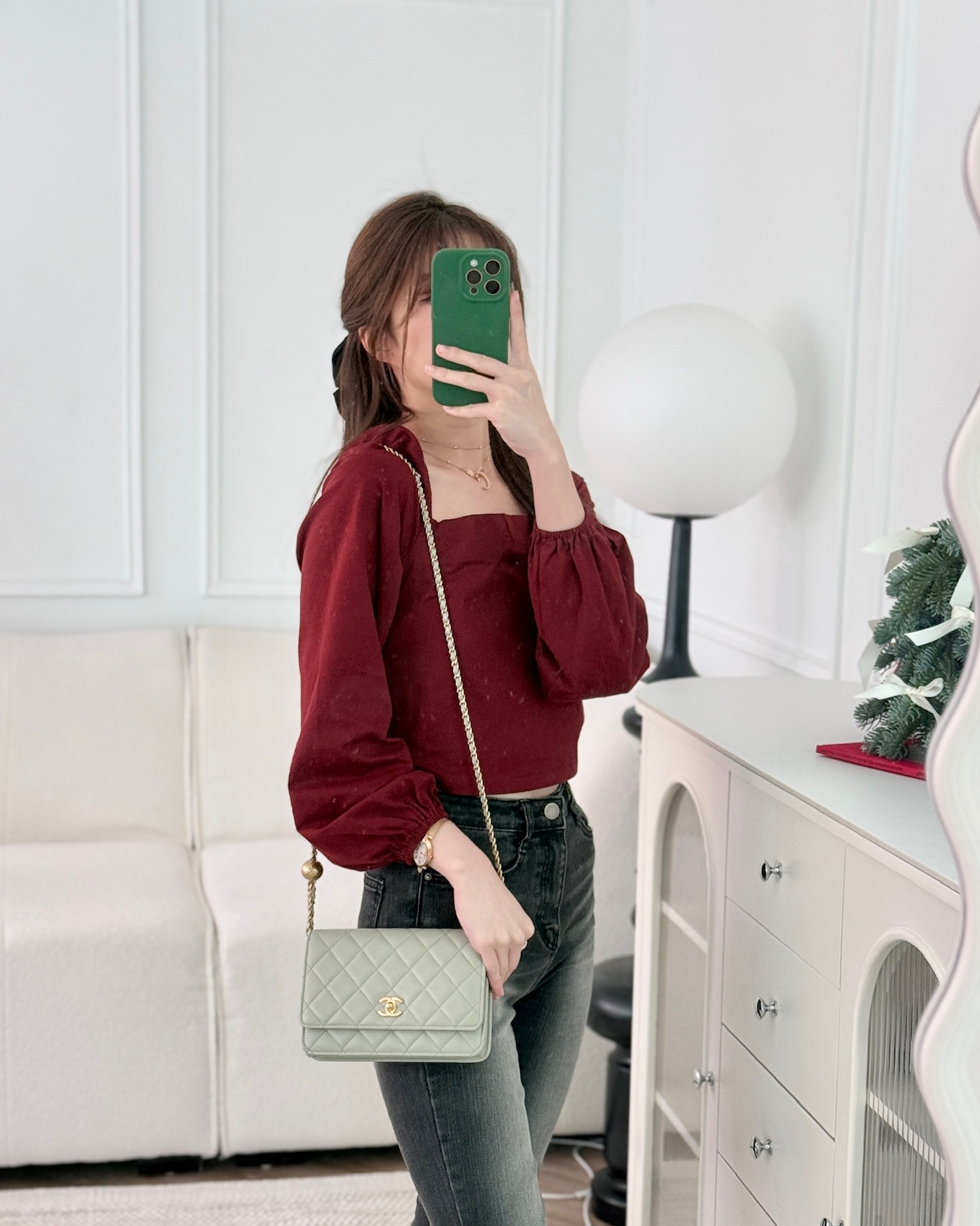 Chanel Quilted Pearl Crush Wallet on Chain WOC Grey Lambskin Aged