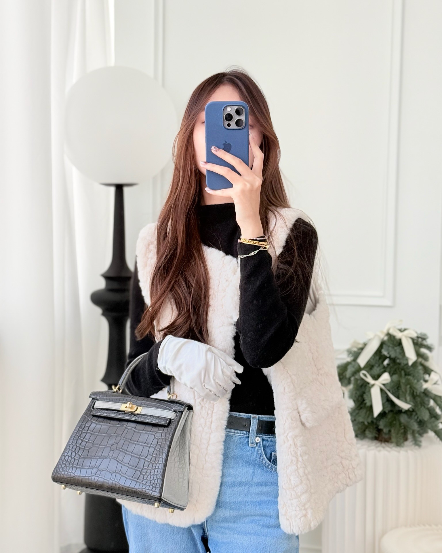 Hermès Retourne Kelly 25 Alligator Perso Noir 89 / Gris Mouette 4Z Brushed