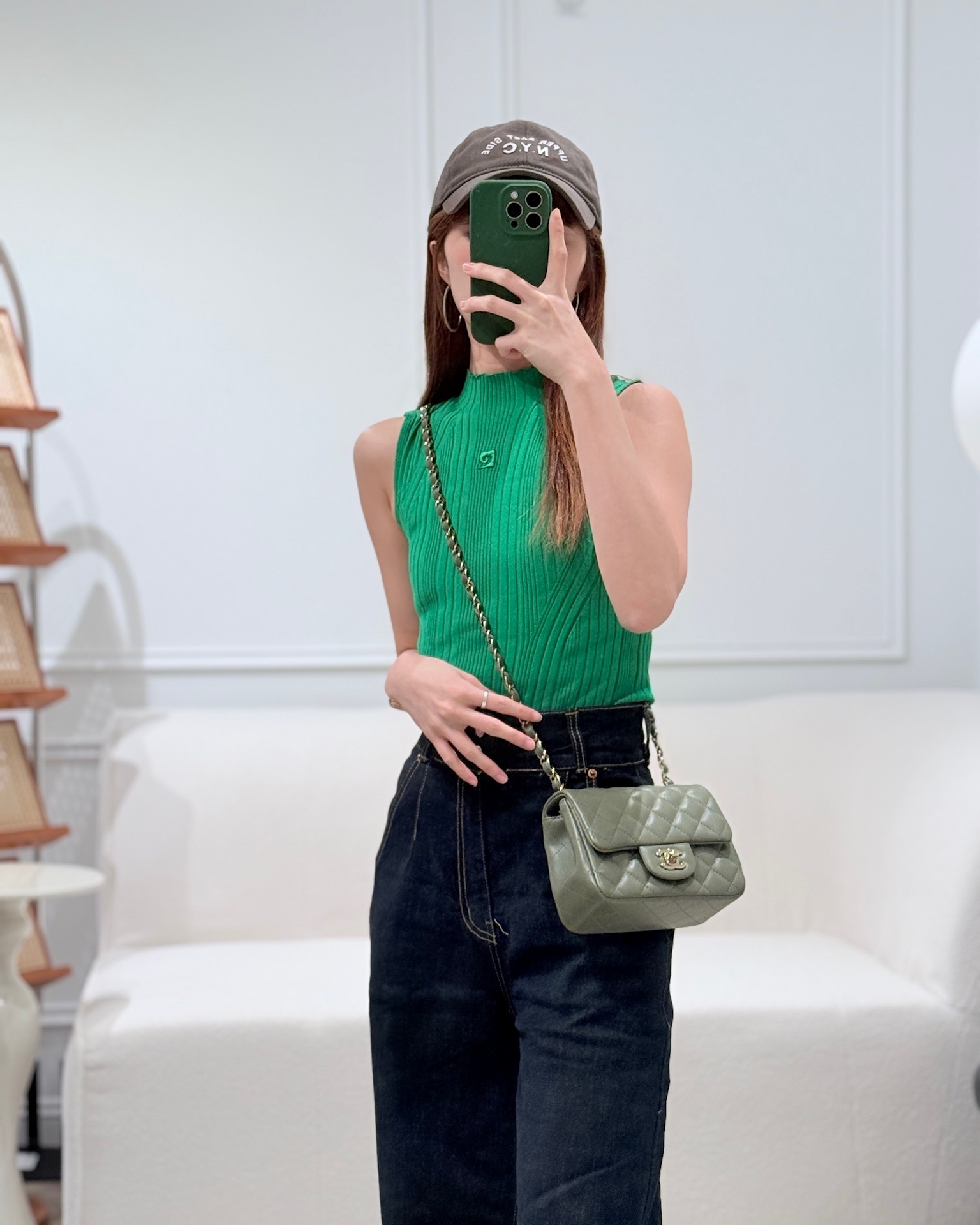 Chanel Mini Square Flap Quilted Olive Green Lambskin