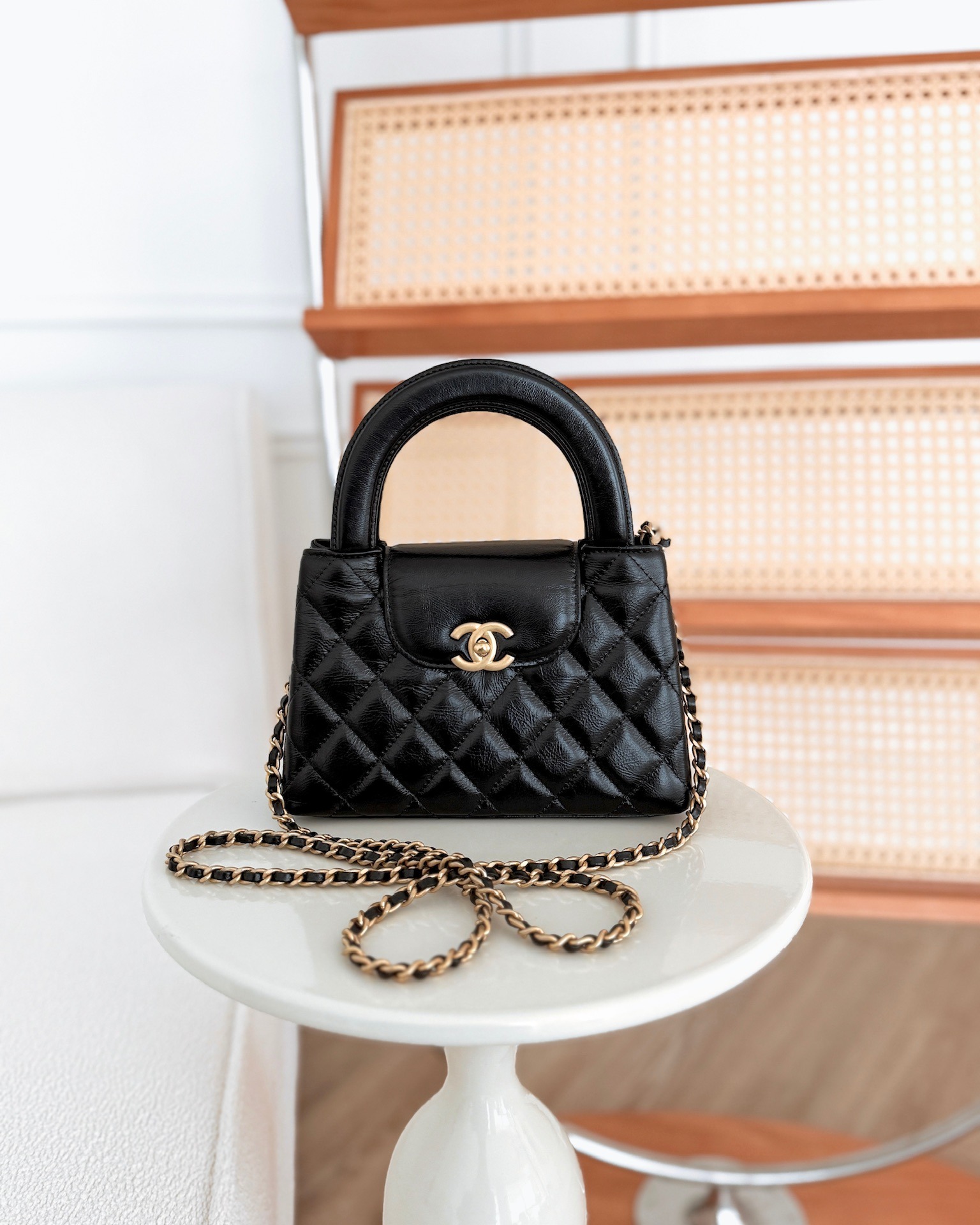 Chanel Kelly Bag Quilted Black Shiny Crumpled Calfskin Aged