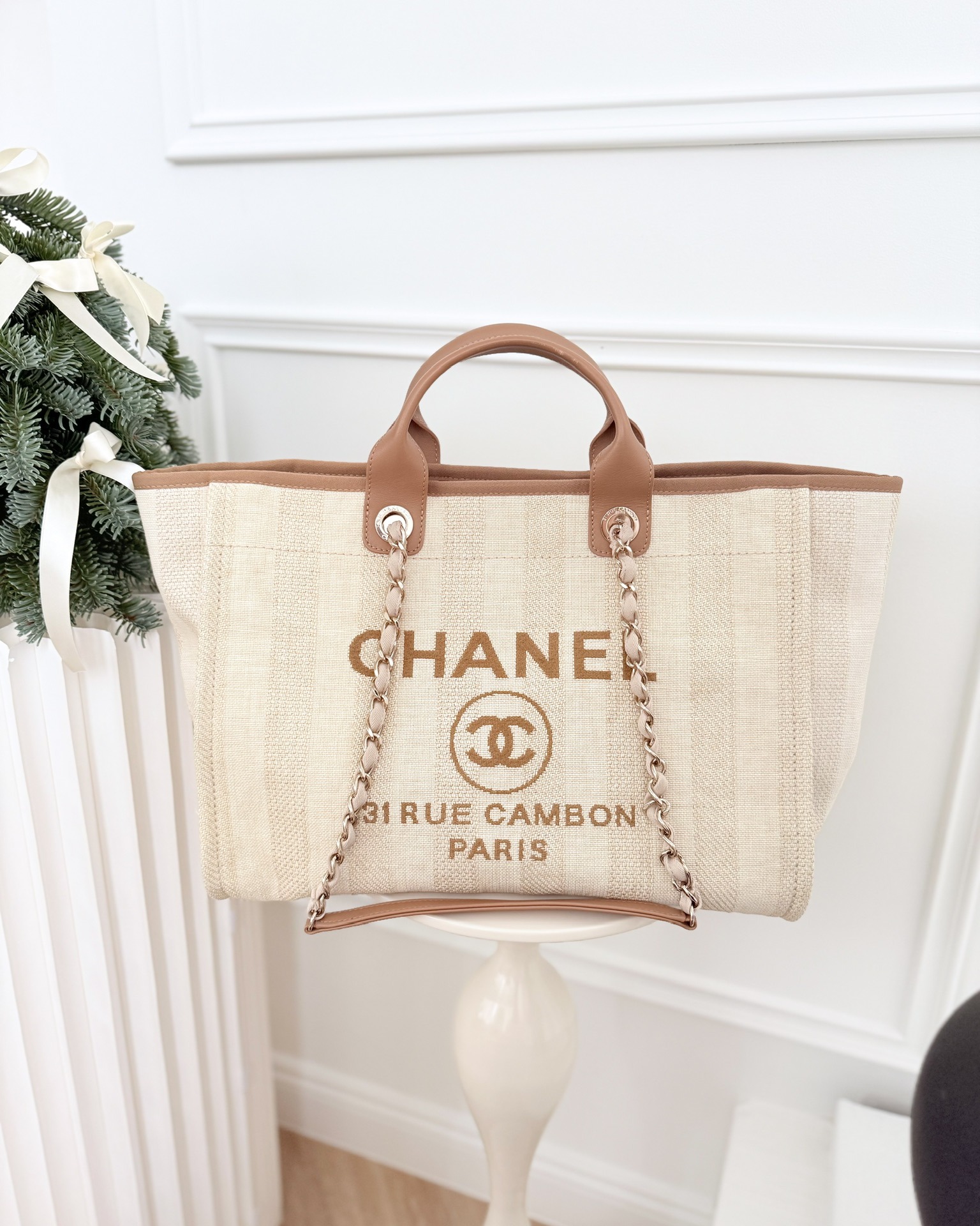 Chanel Large Deauville Beige Brown Tweed