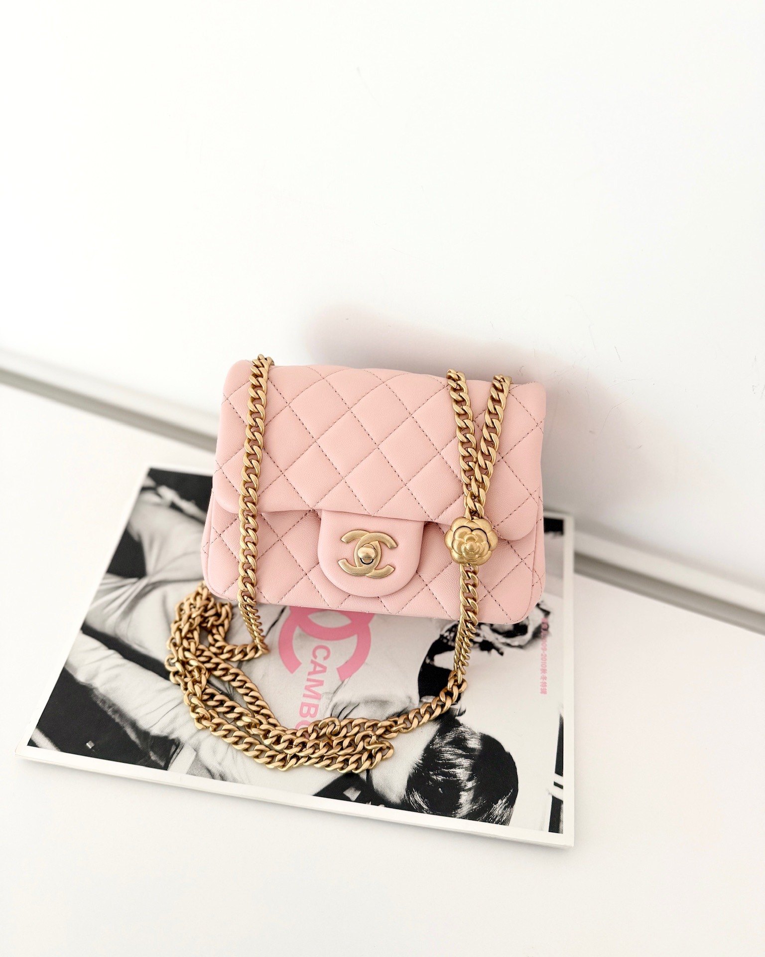 Chanel Quilted Mini Square Flap with Camellia Adjustable Chain Pink Clair Lambskin
