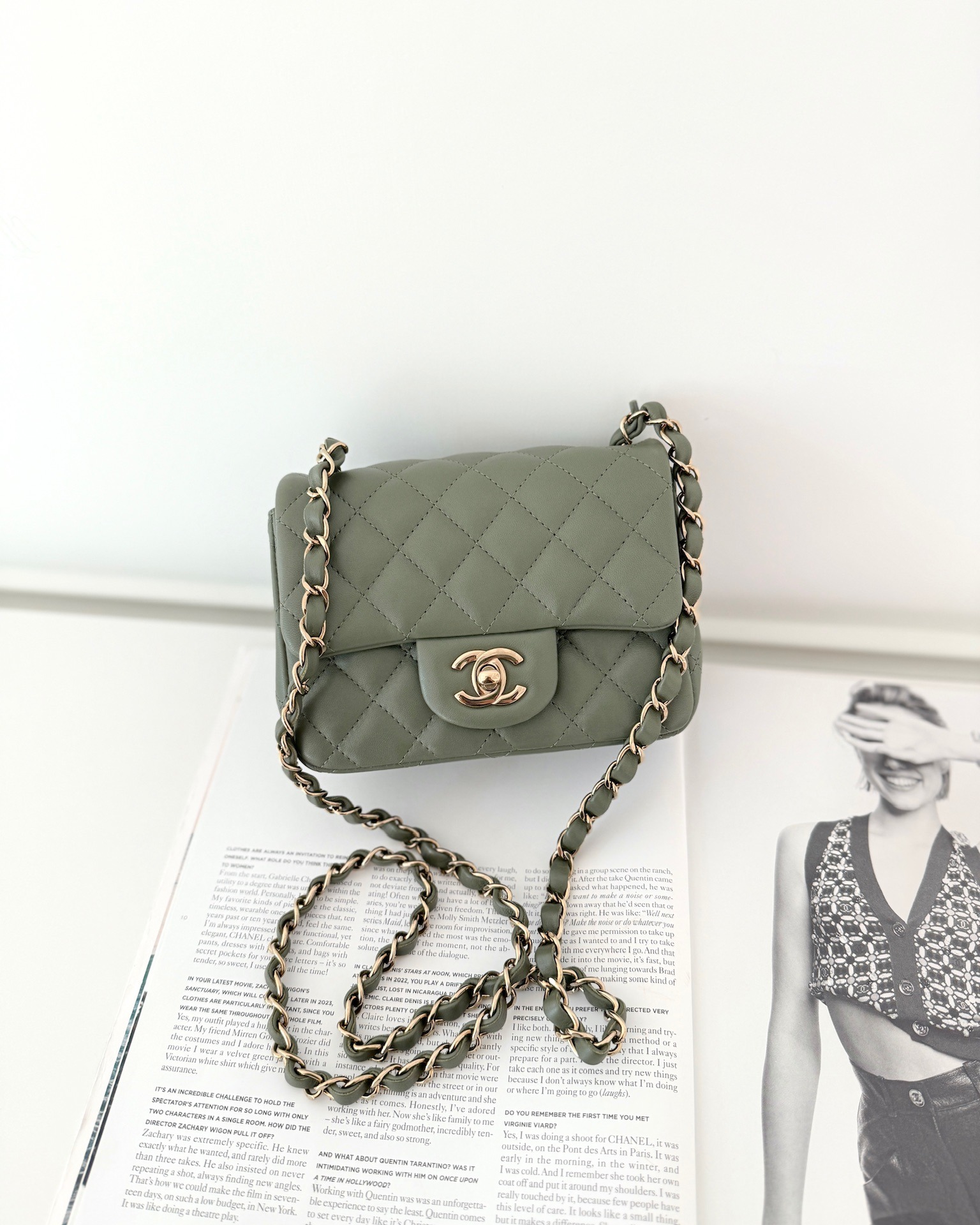 Chanel Mini Square Flap Quilted Olive Green Lambskin