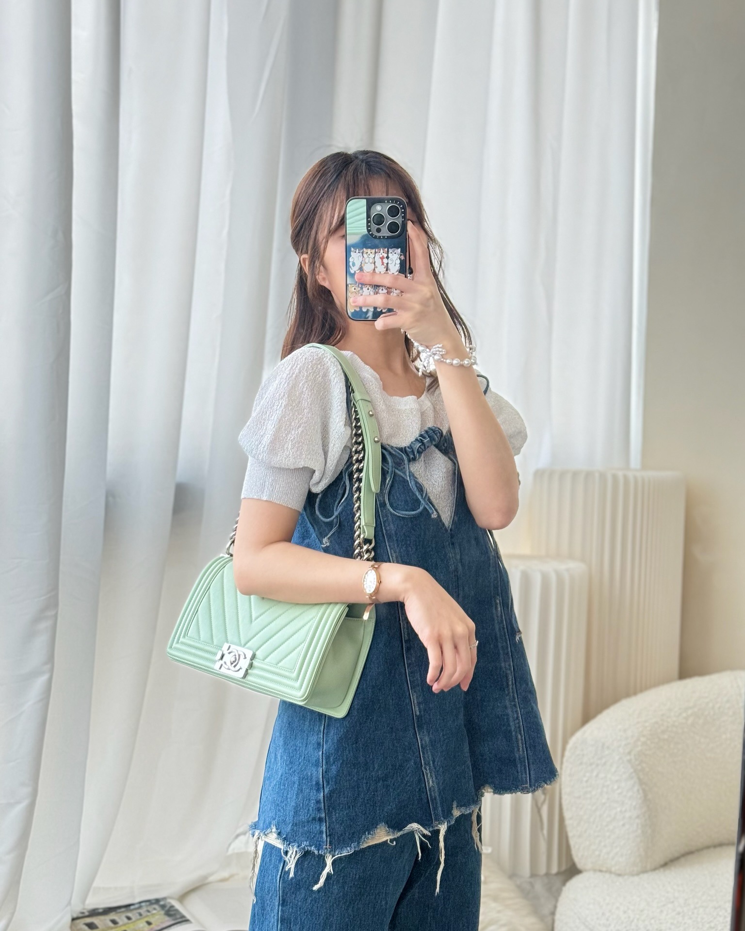 Chanel Medium Chevron Boy Mint Green Calfskin