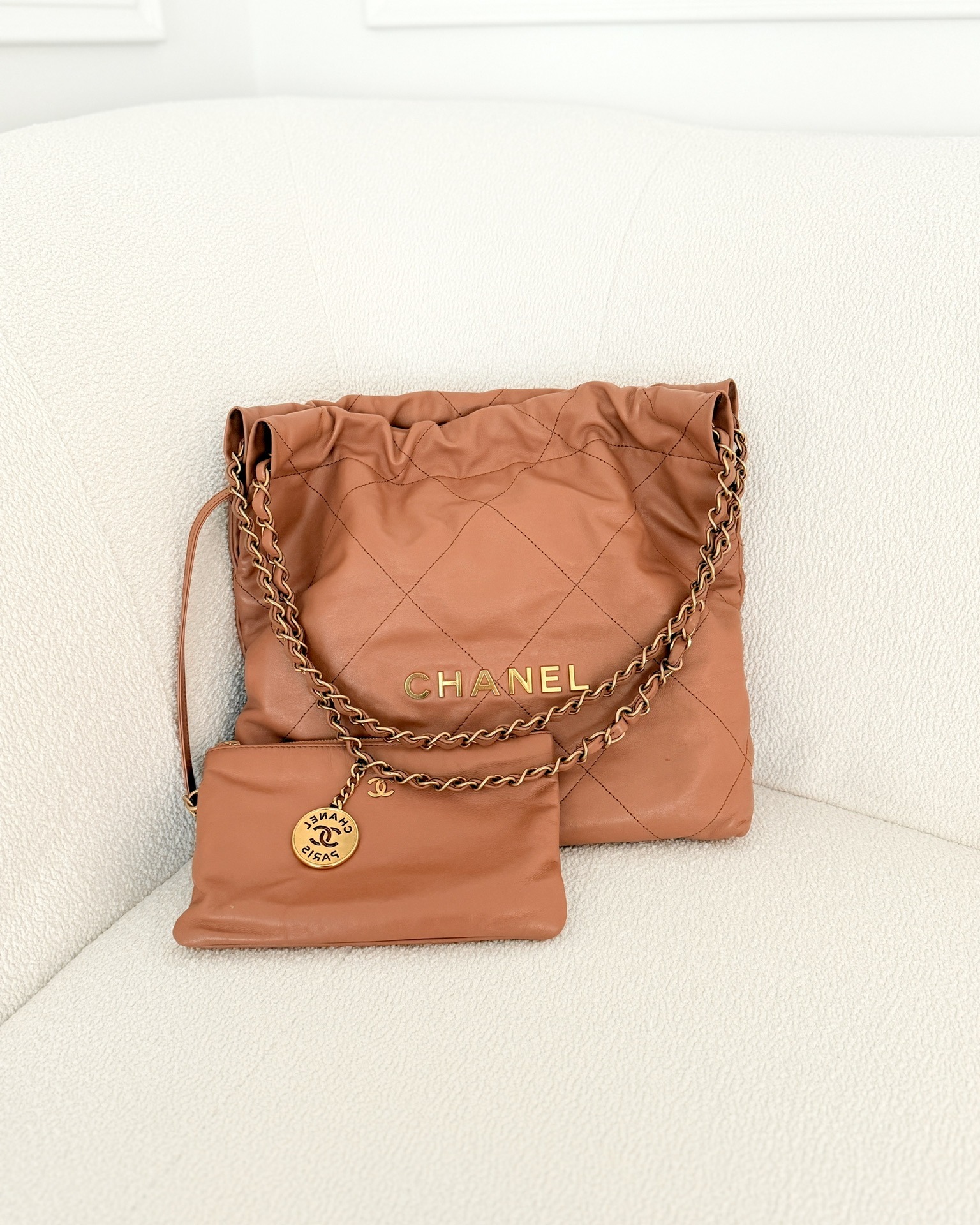 Chanel 22 Small Caramel Beige Shiny Calfskin Aged