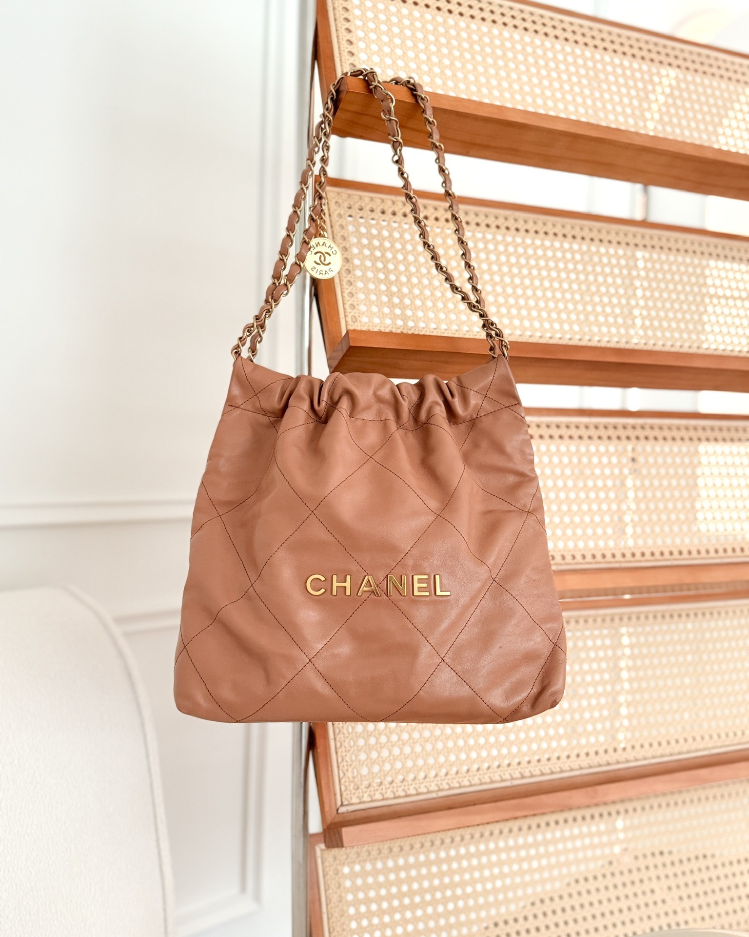 Chanel 22 Small Caramel Beige Shiny Calfskin Aged