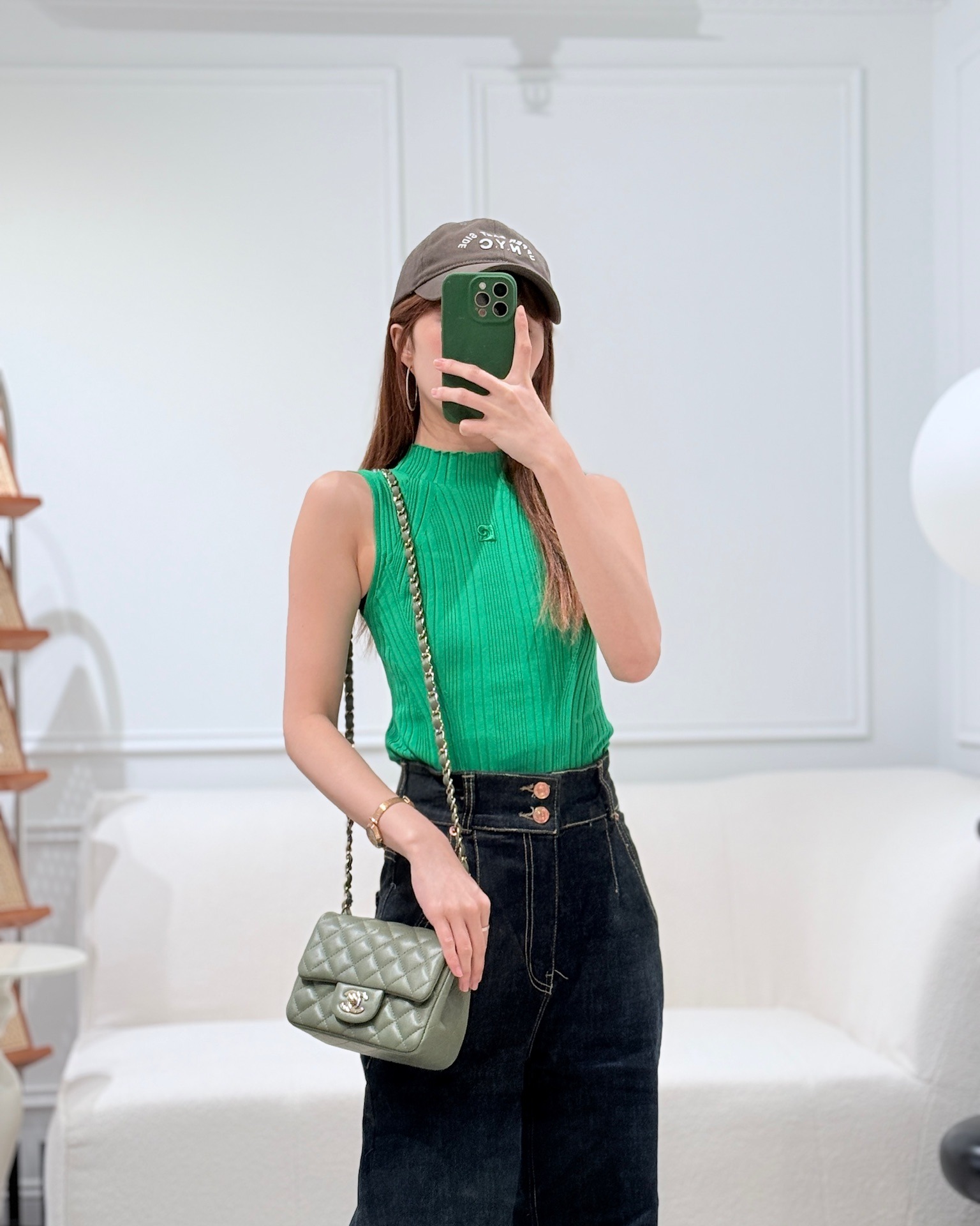 Chanel Mini Square Flap Quilted Olive Green Lambskin
