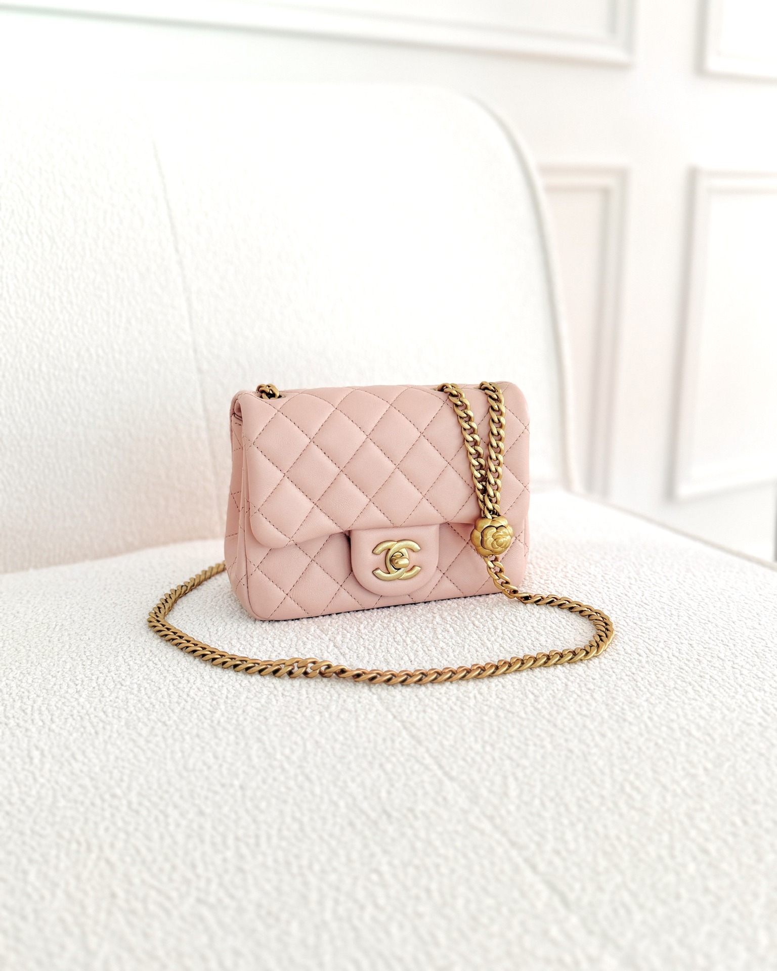 Chanel Quilted Mini Square Flap with Camellia Adjustable Chain Pink Clair Lambskin