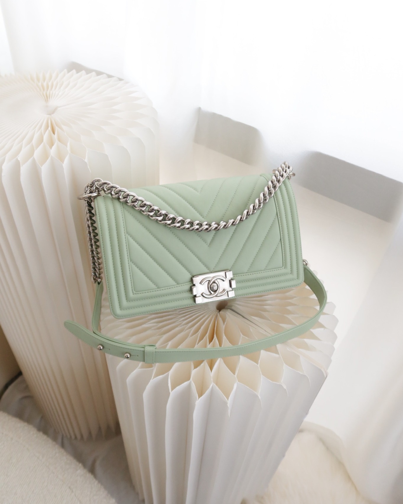 Chanel Medium Chevron Boy Mint Green Calfskin