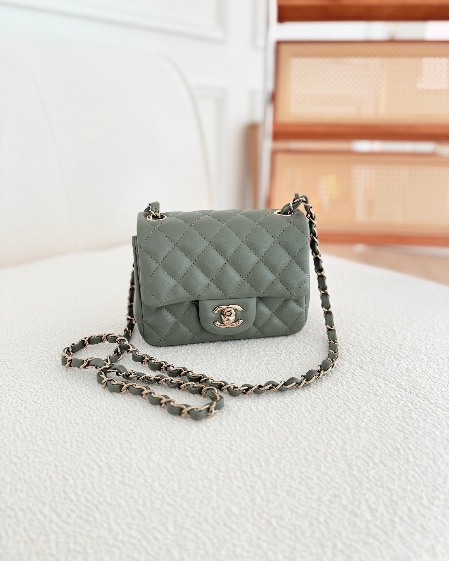 Chanel Mini Square Flap Quilted Olive Green Lambskin