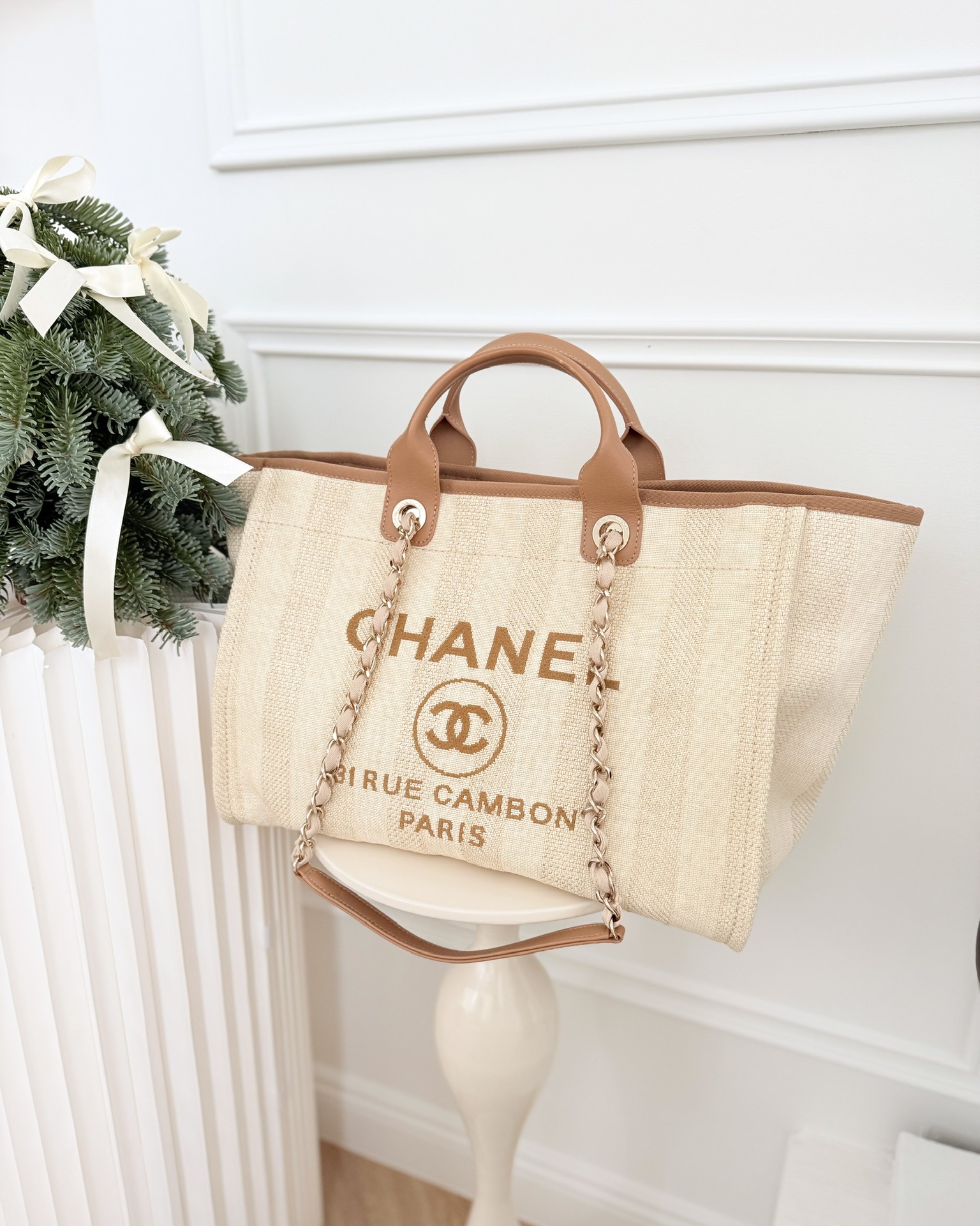 Chanel Large Deauville Beige Brown Tweed