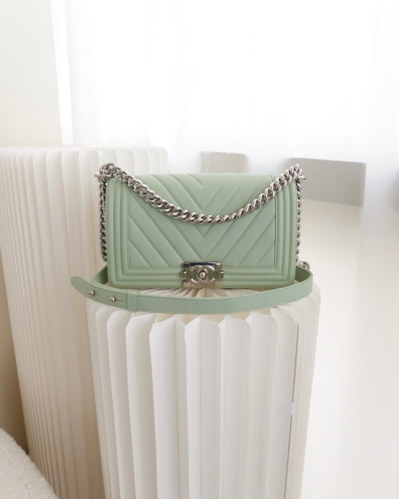 Chanel Medium Chevron Boy Mint Green Calfskin