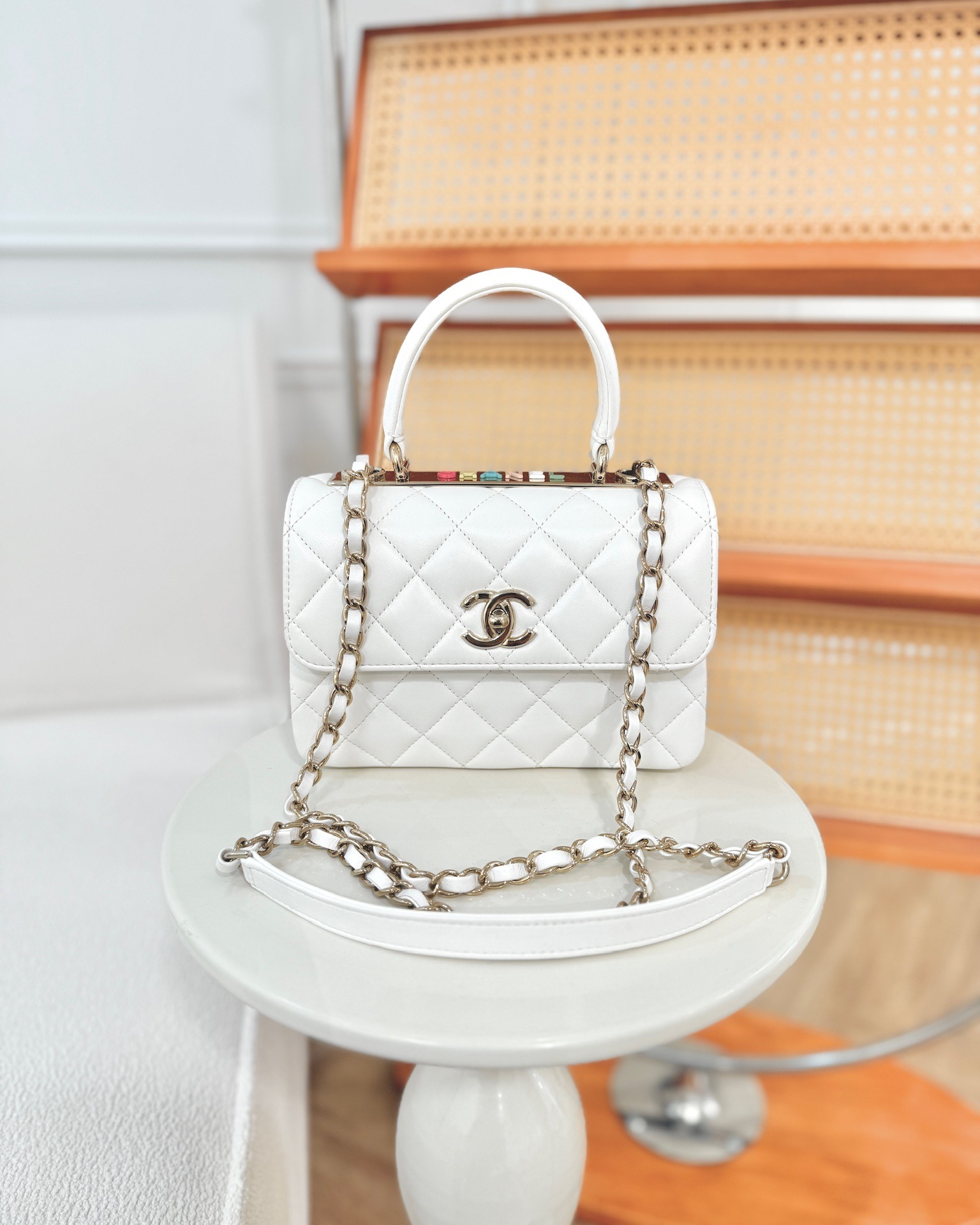 Chanel Mini Trendy CC Handle Bag Lacquered Logo White Lambskin