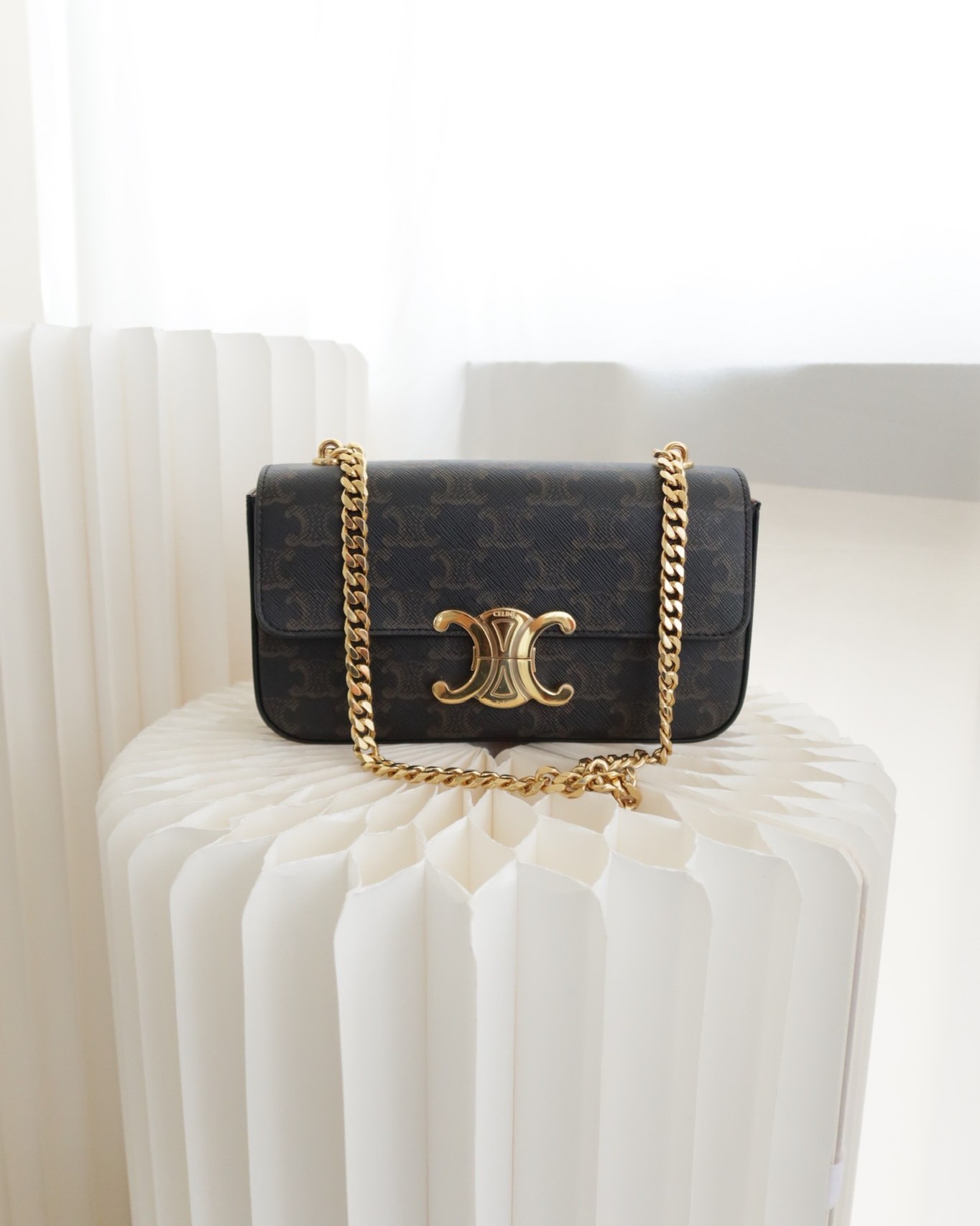 Celine Chain Shoulder Bag Claude in Triomphe Canvas Tan