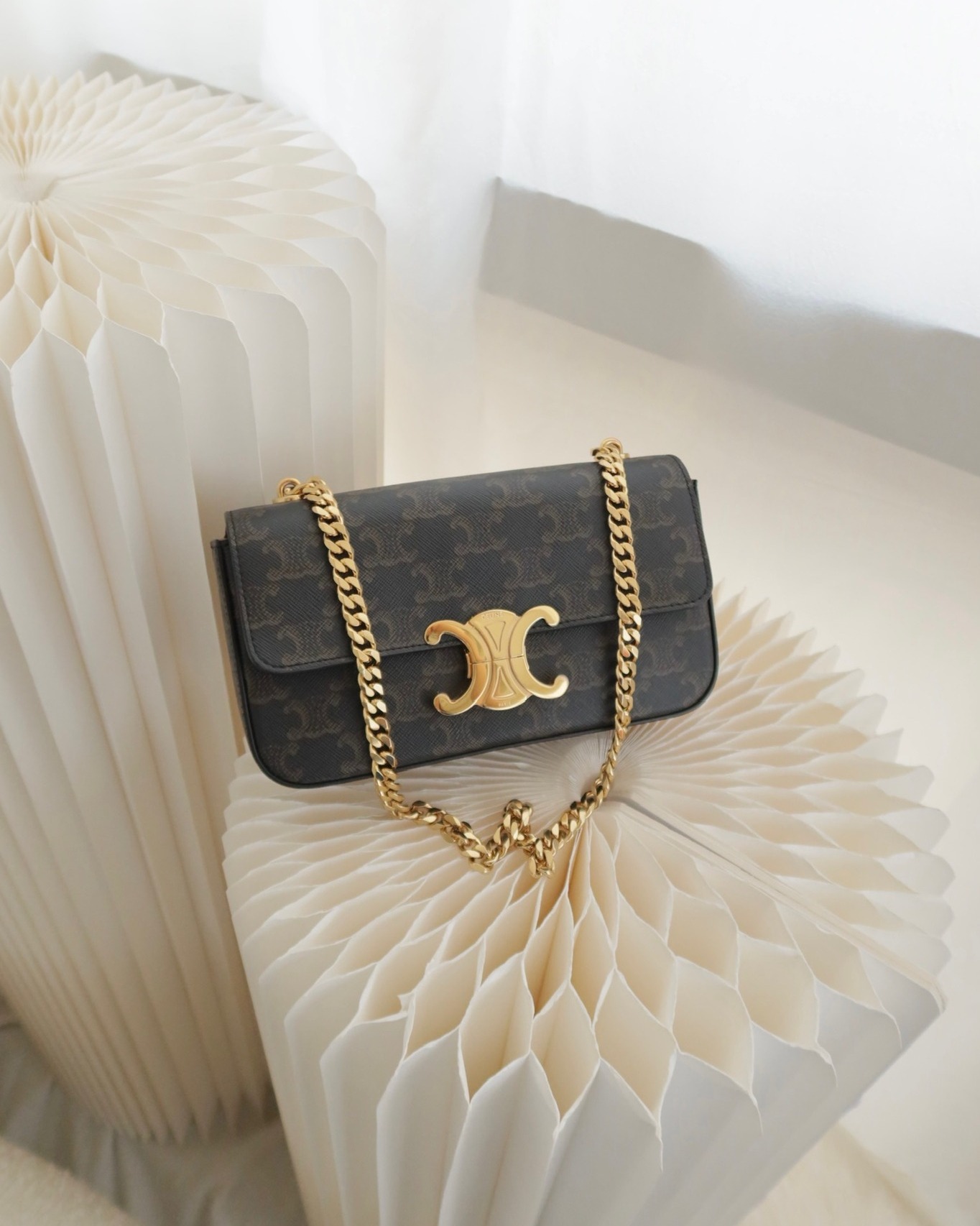 Celine Chain Shoulder Bag Claude in Triomphe Canvas Tan