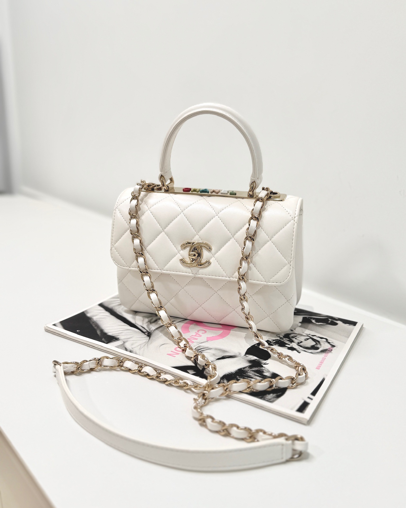 Chanel Mini Trendy CC Handle Bag Lacquered Logo White Lambskin