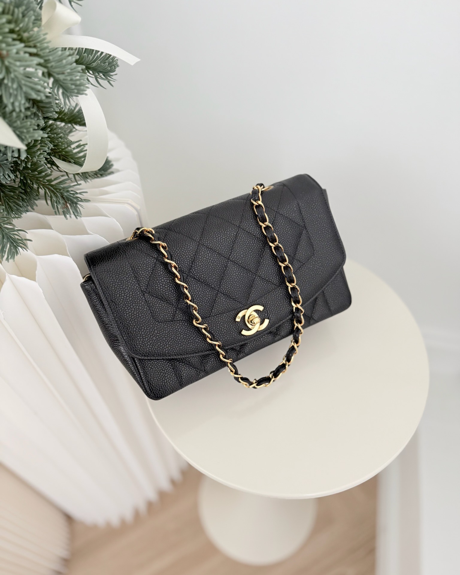 Chanel Small Vintage Quilted Classic Diana Flap Bag Black Caviar 24K