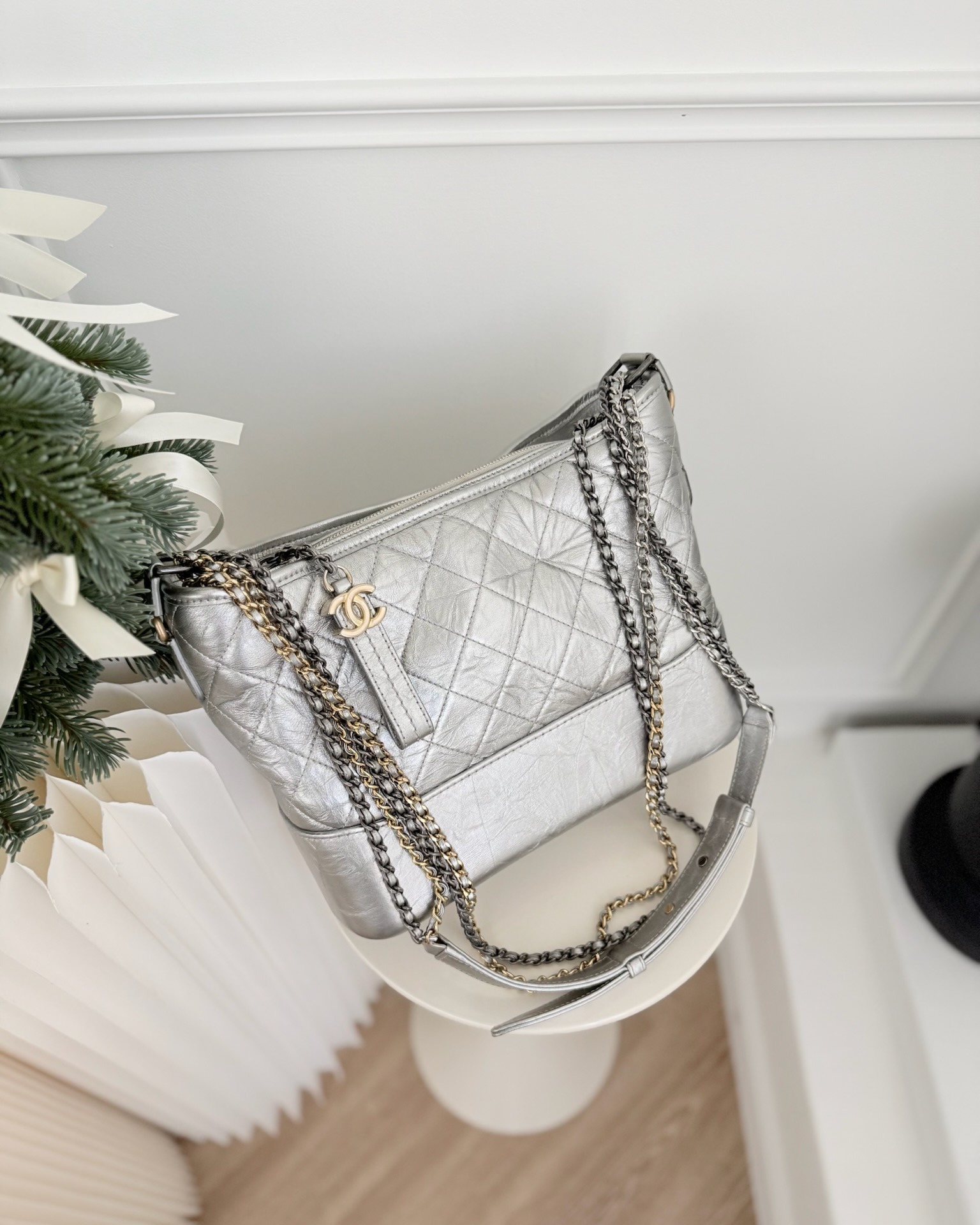 Chanel Large Gabrielle Hobo Metallic Silver Aged Calfskin Mixed Hardware