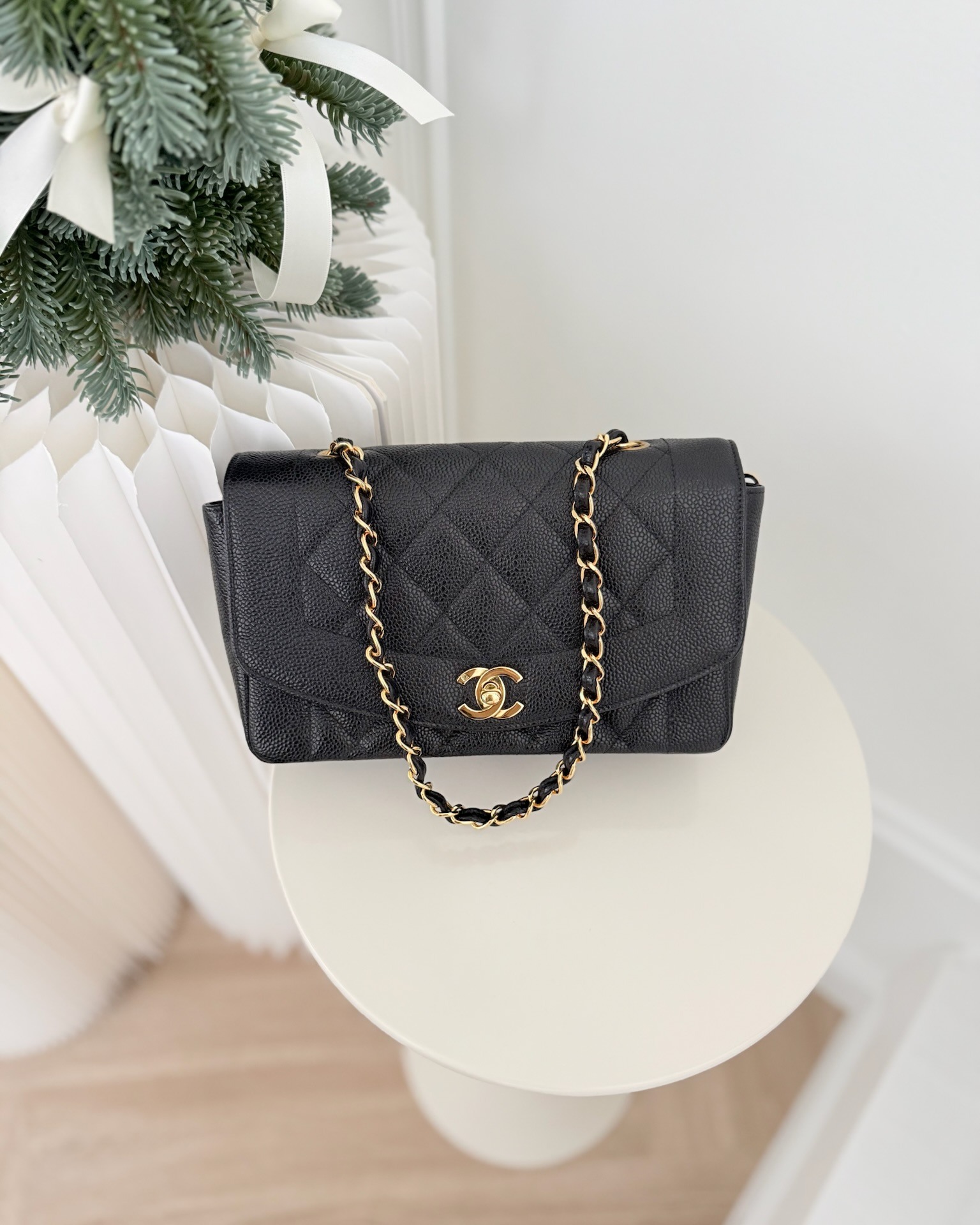 Chanel Small Vintage Quilted Classic Diana Flap Bag Black Caviar 24K