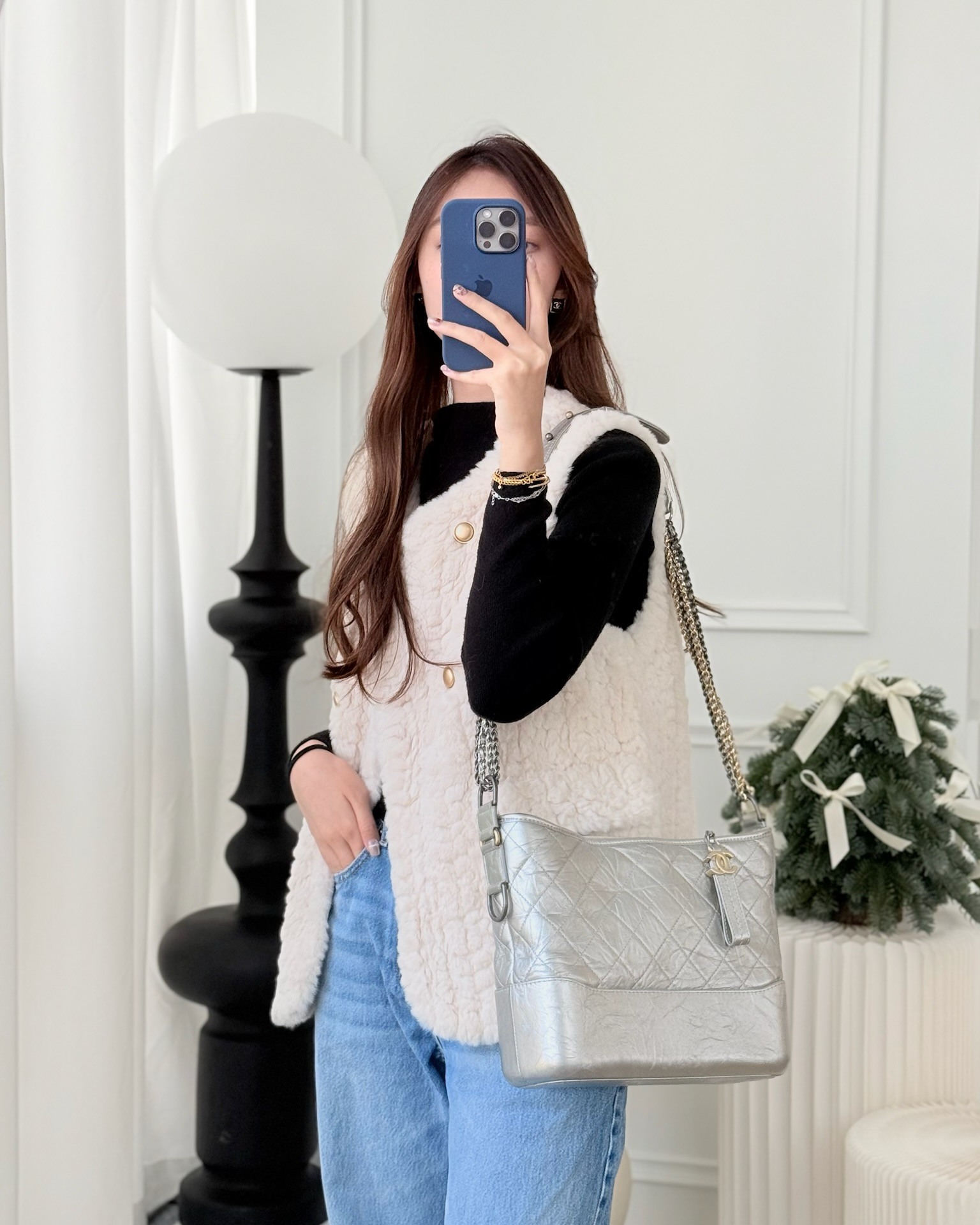 Chanel Large Gabrielle Hobo Metallic Silver Aged Calfskin Mixed Hardware