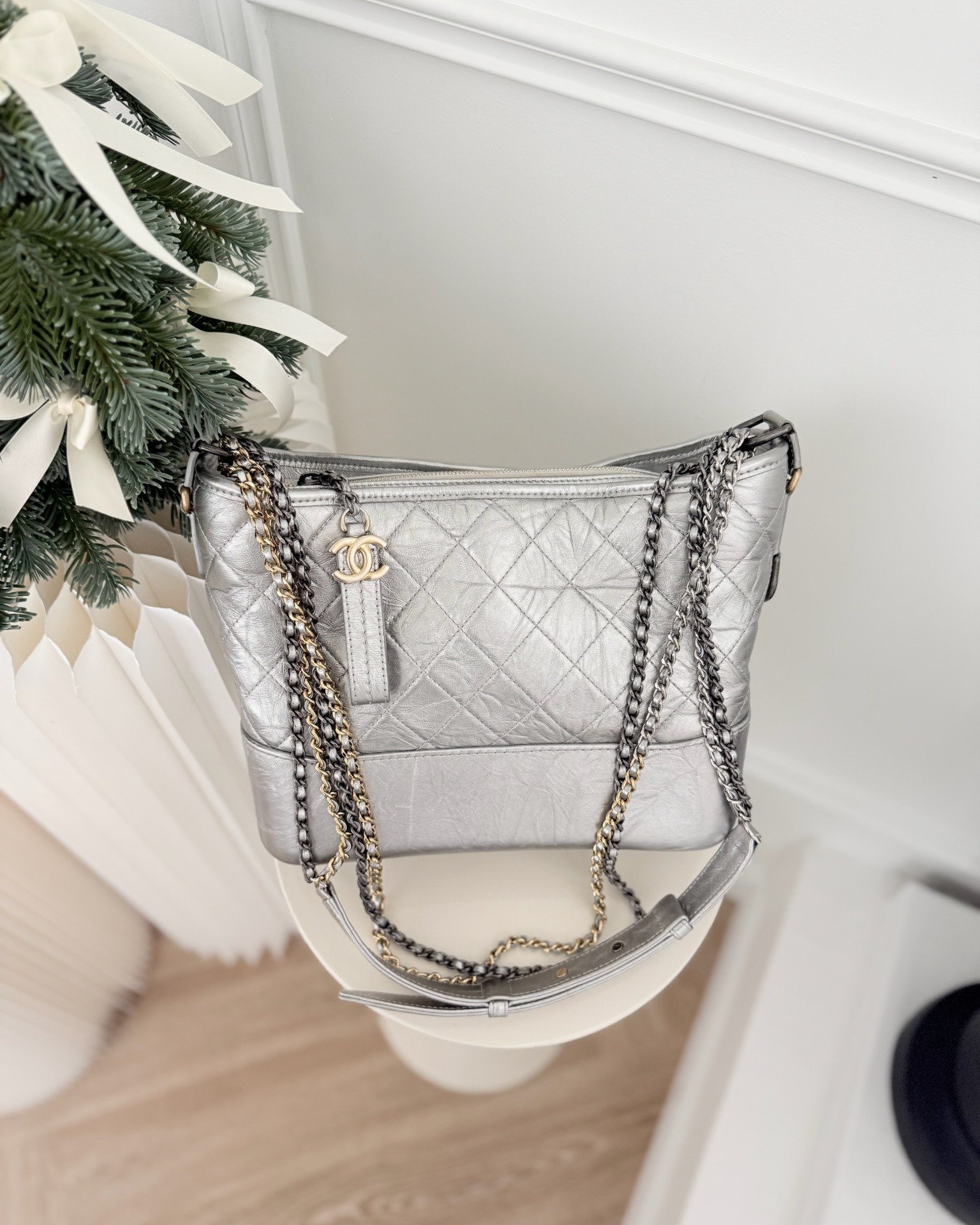 Chanel Large Gabrielle Hobo Metallic Silver Aged Calfskin Mixed Hardware