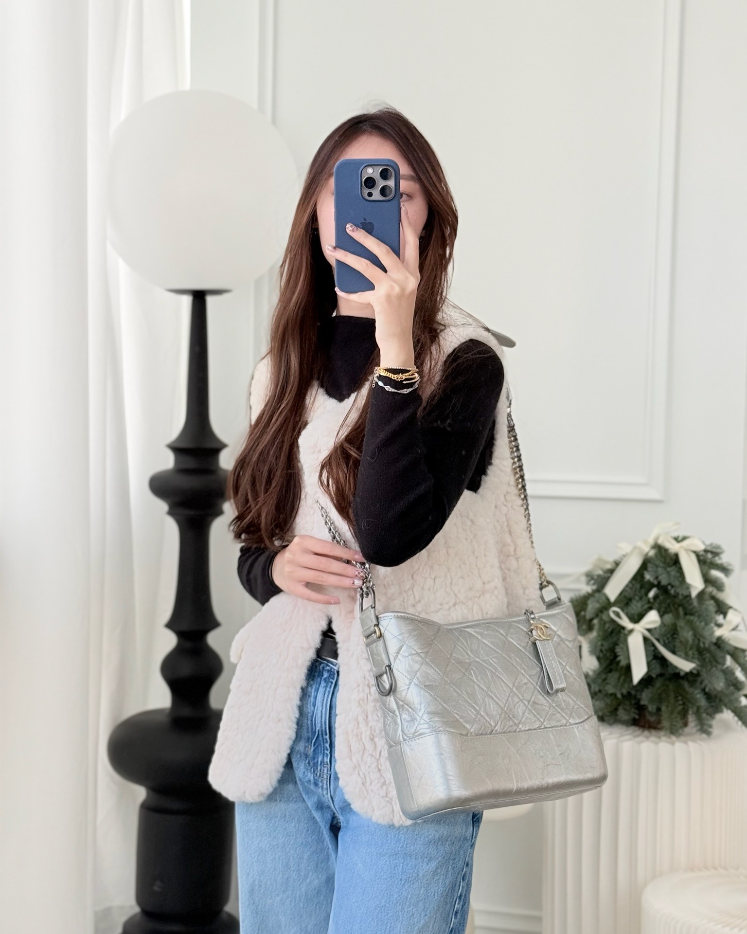 Chanel Large Gabrielle Hobo Metallic Silver Aged Calfskin Mixed Hardware