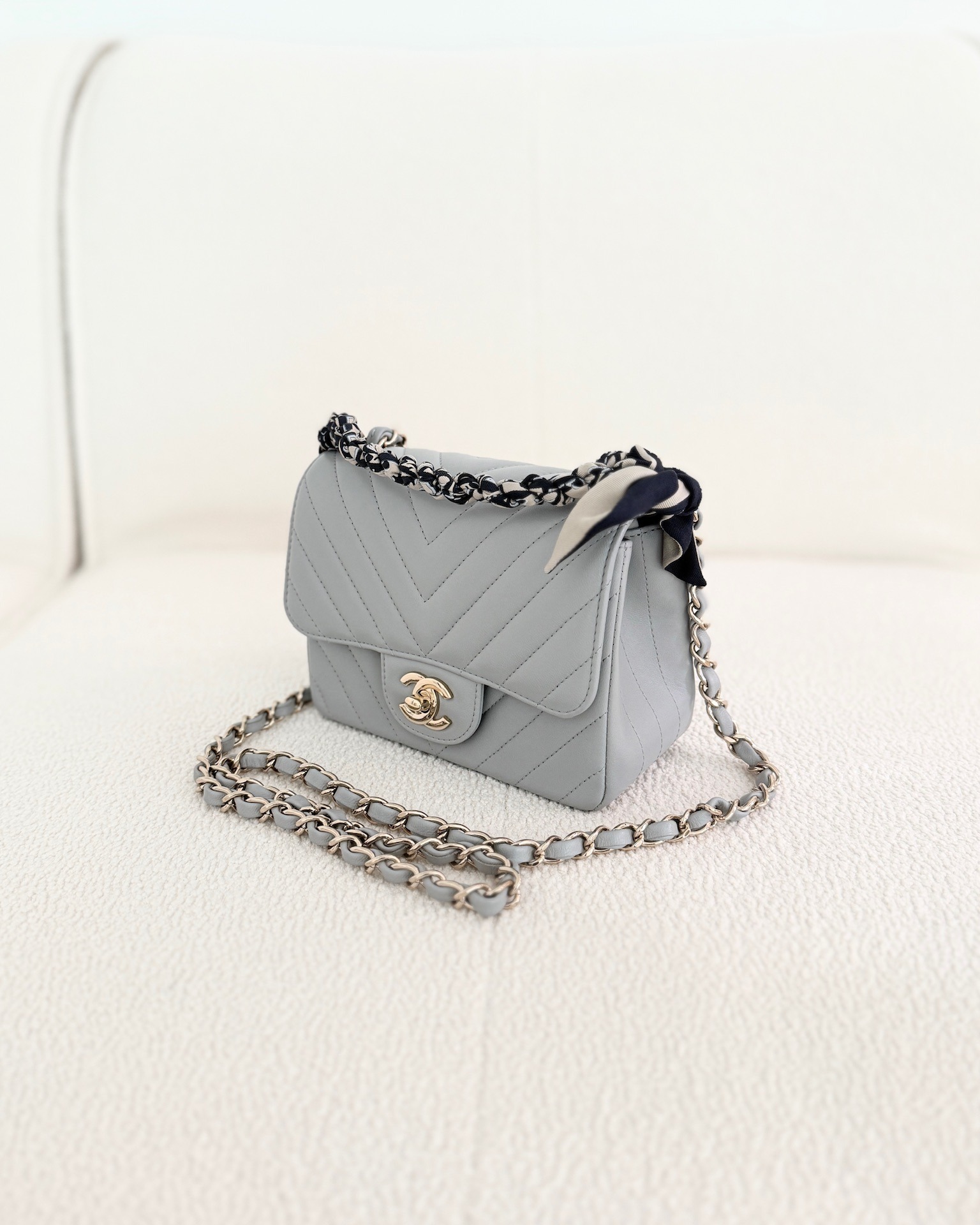 Chanel Mini Square Flap Chevron Grey Lambskin
