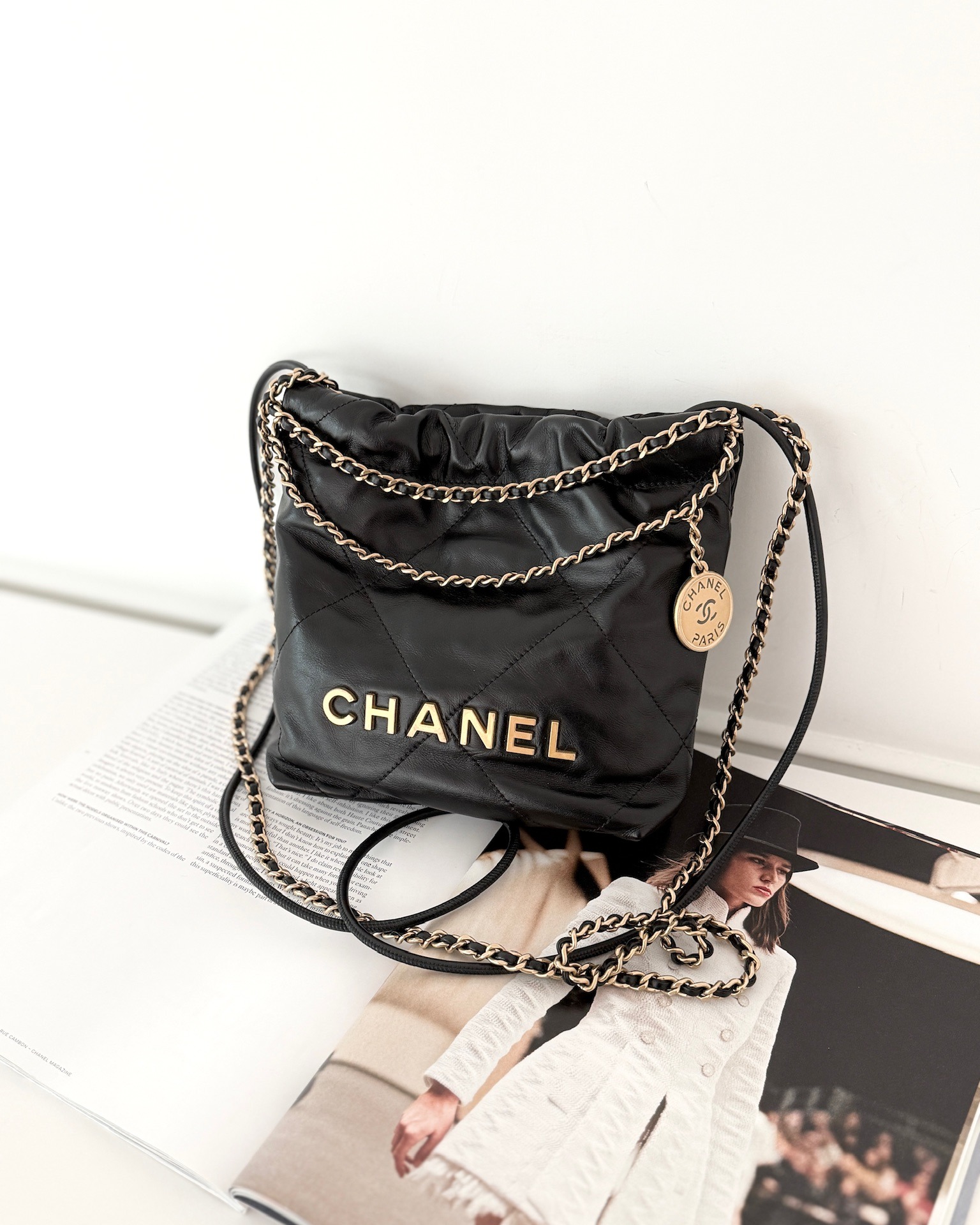 Chanel 22 Mini Bag Black Crumpled Calfskin Aged