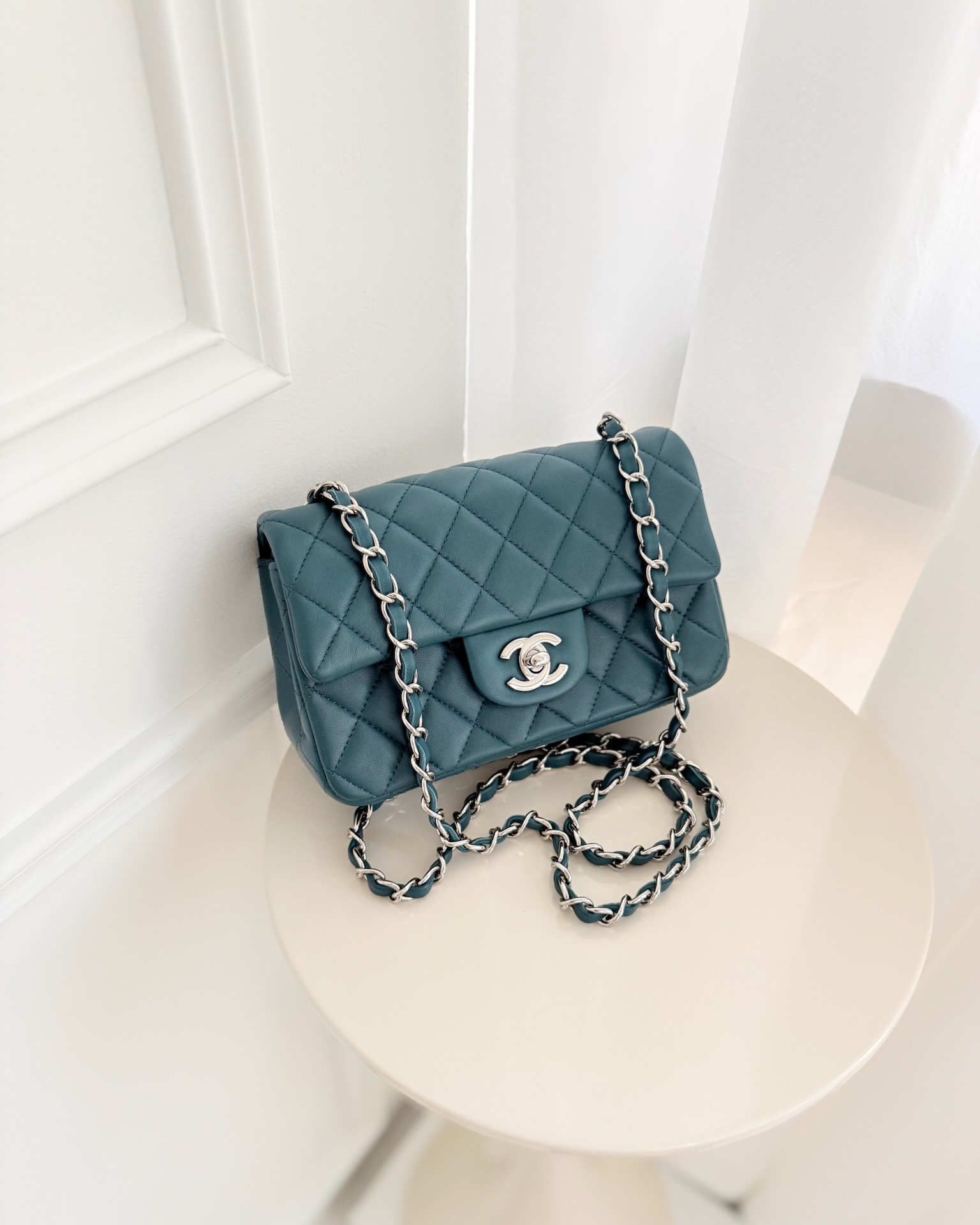 Chanel Quilted Mini Rectangular Flap Teal Green Lambskin