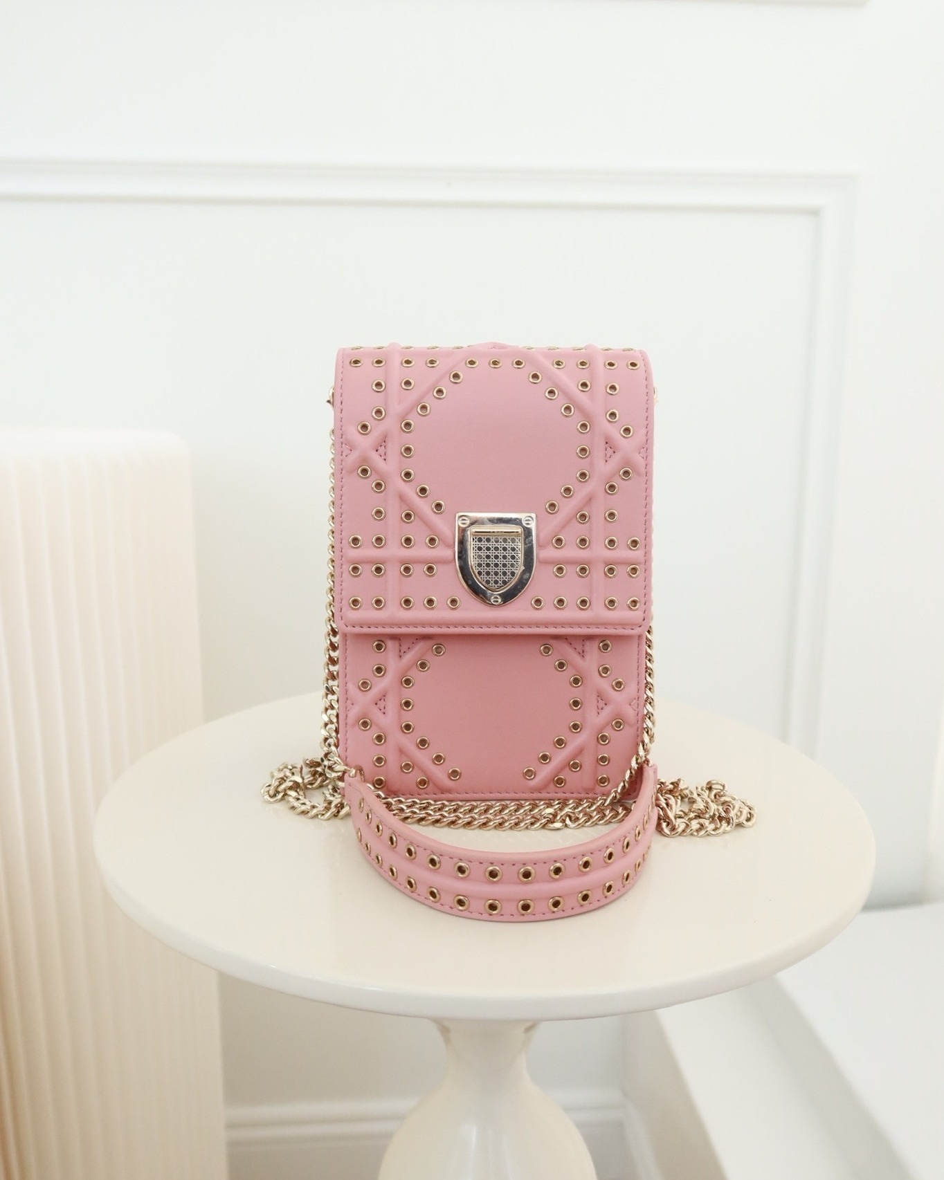 Dior Lambskin Studded Vertical Diorama Dust Candy