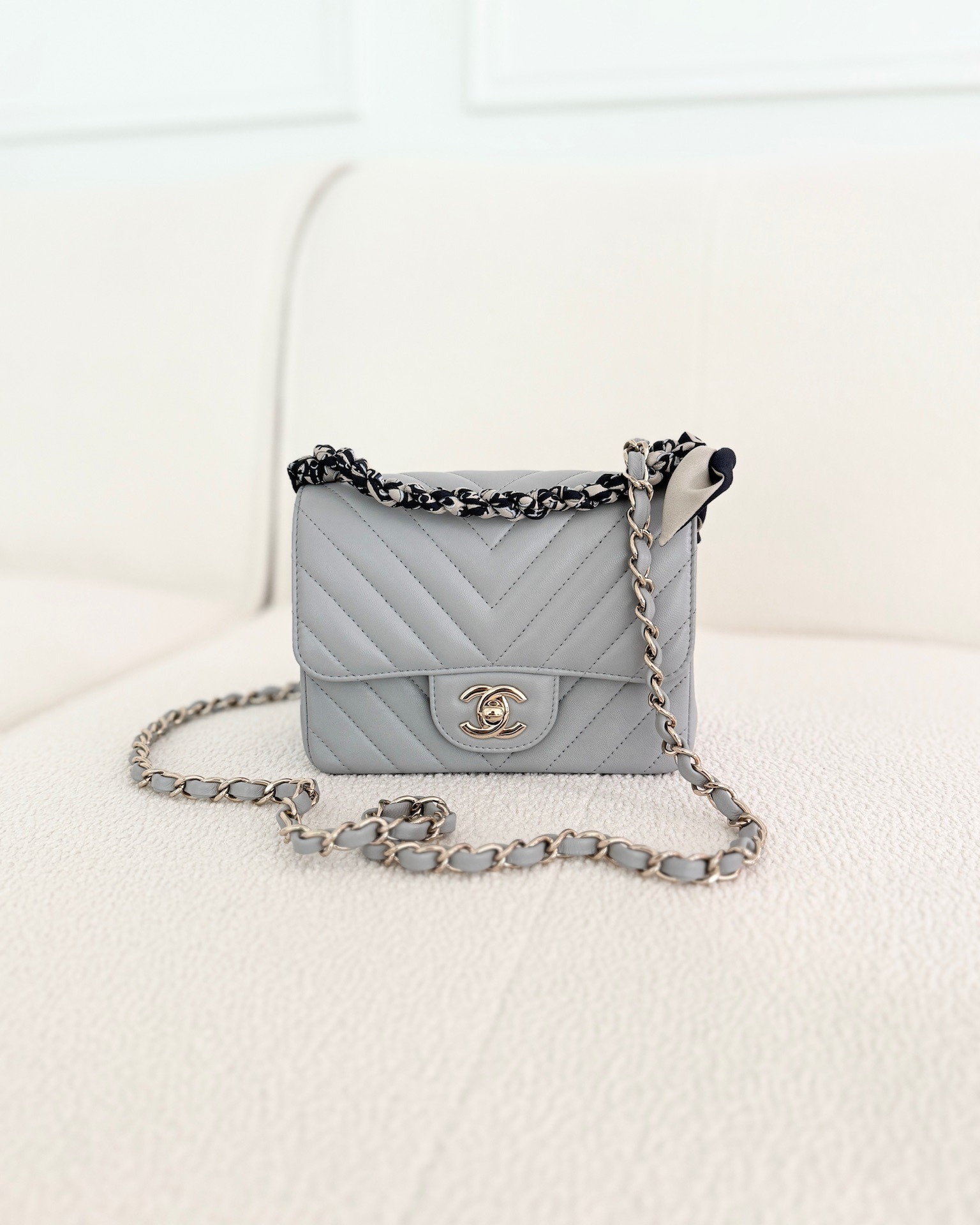Chanel Mini Square Flap Chevron Grey Lambskin