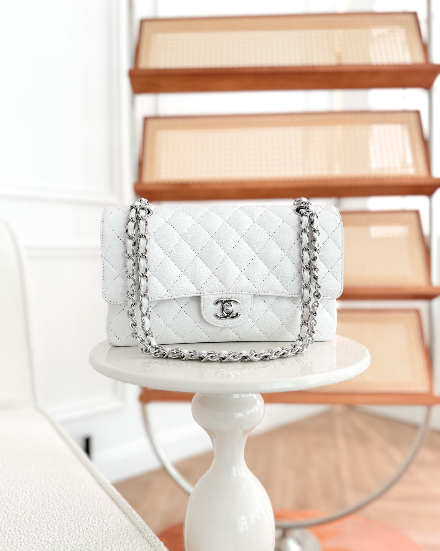 Chanel M/L Medium Classic Flap Quilted White Caviar