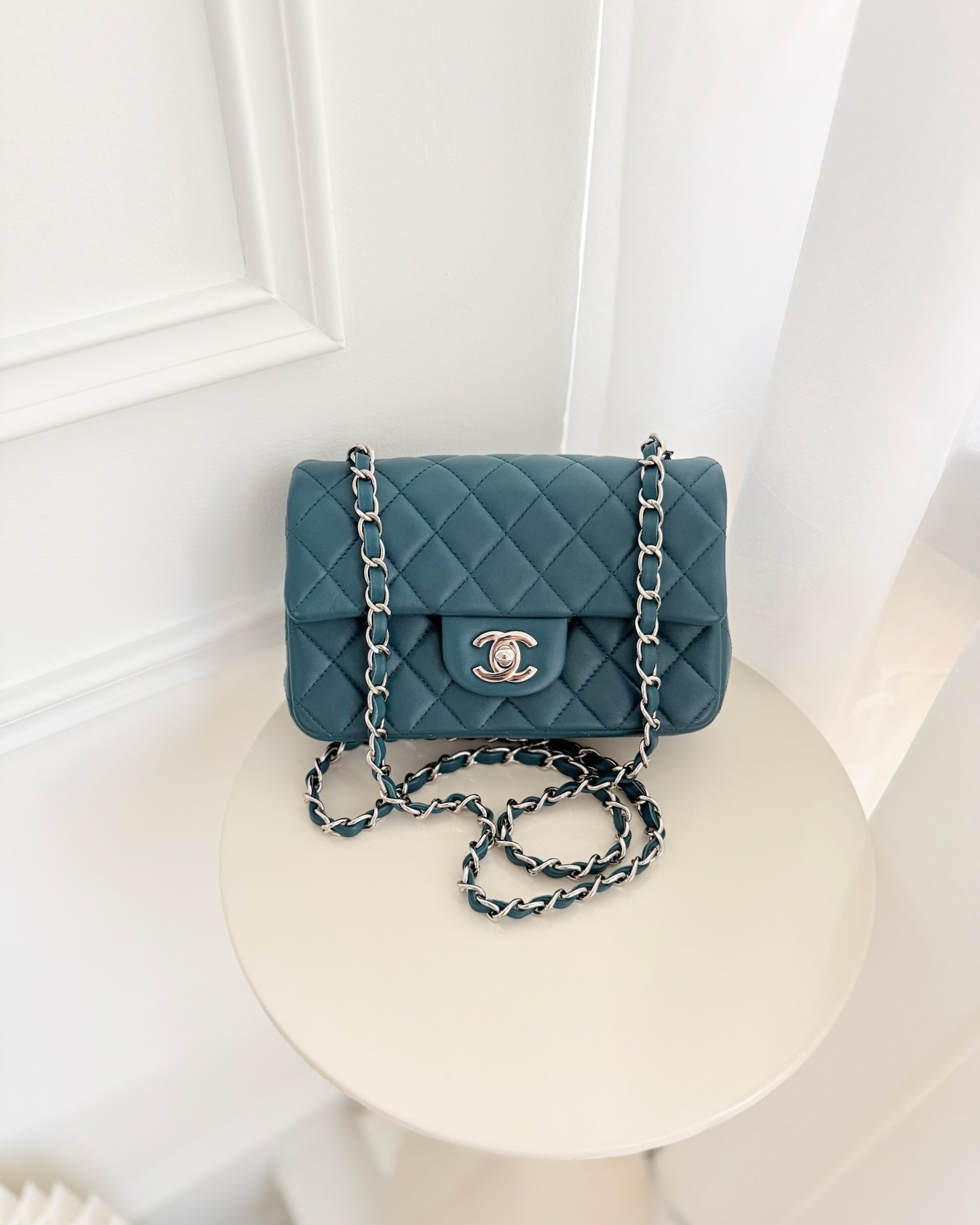 Chanel Quilted Mini Rectangular Flap Teal Green Lambskin