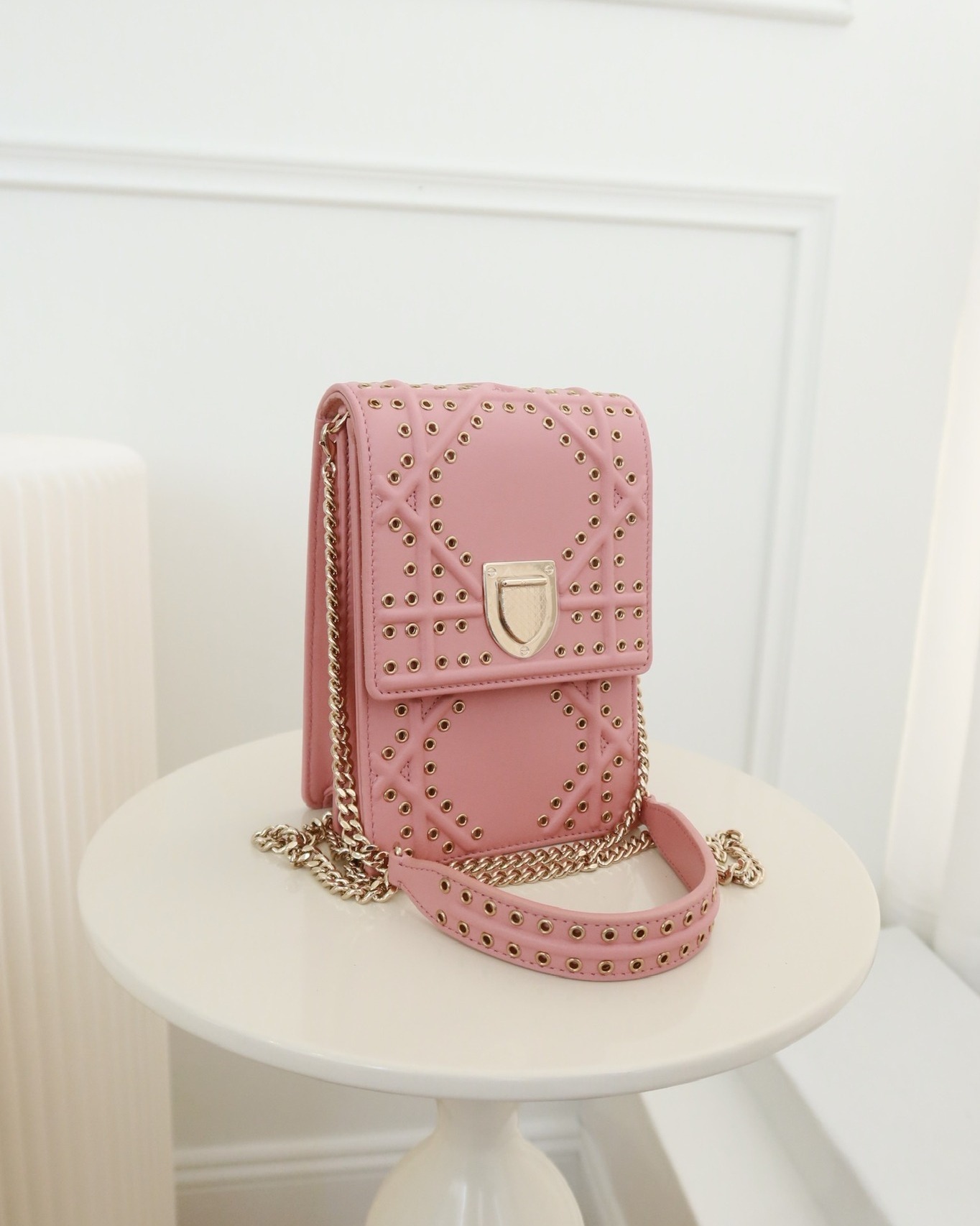 Dior Lambskin Studded Vertical Diorama Dust Candy